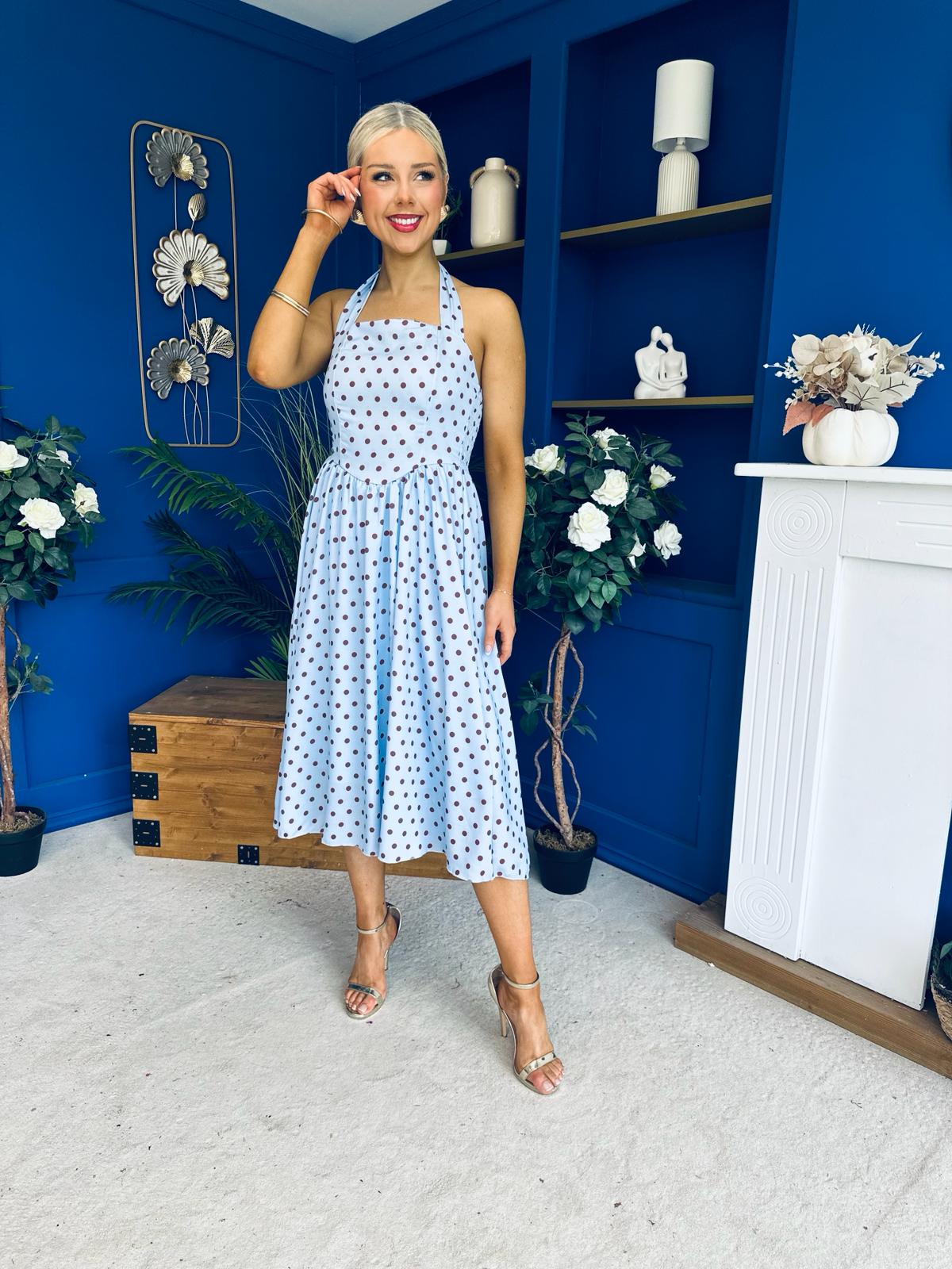Adison Halterneck Midi Dress Coco Polka Blue