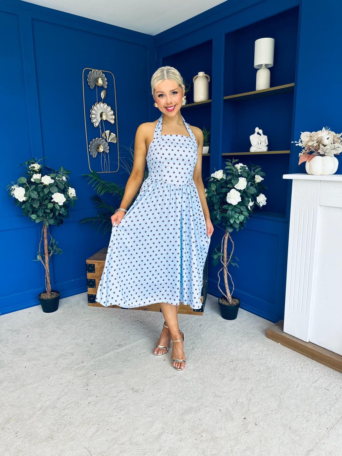 Adison Halterneck Midi Dress Coco Polka Blue