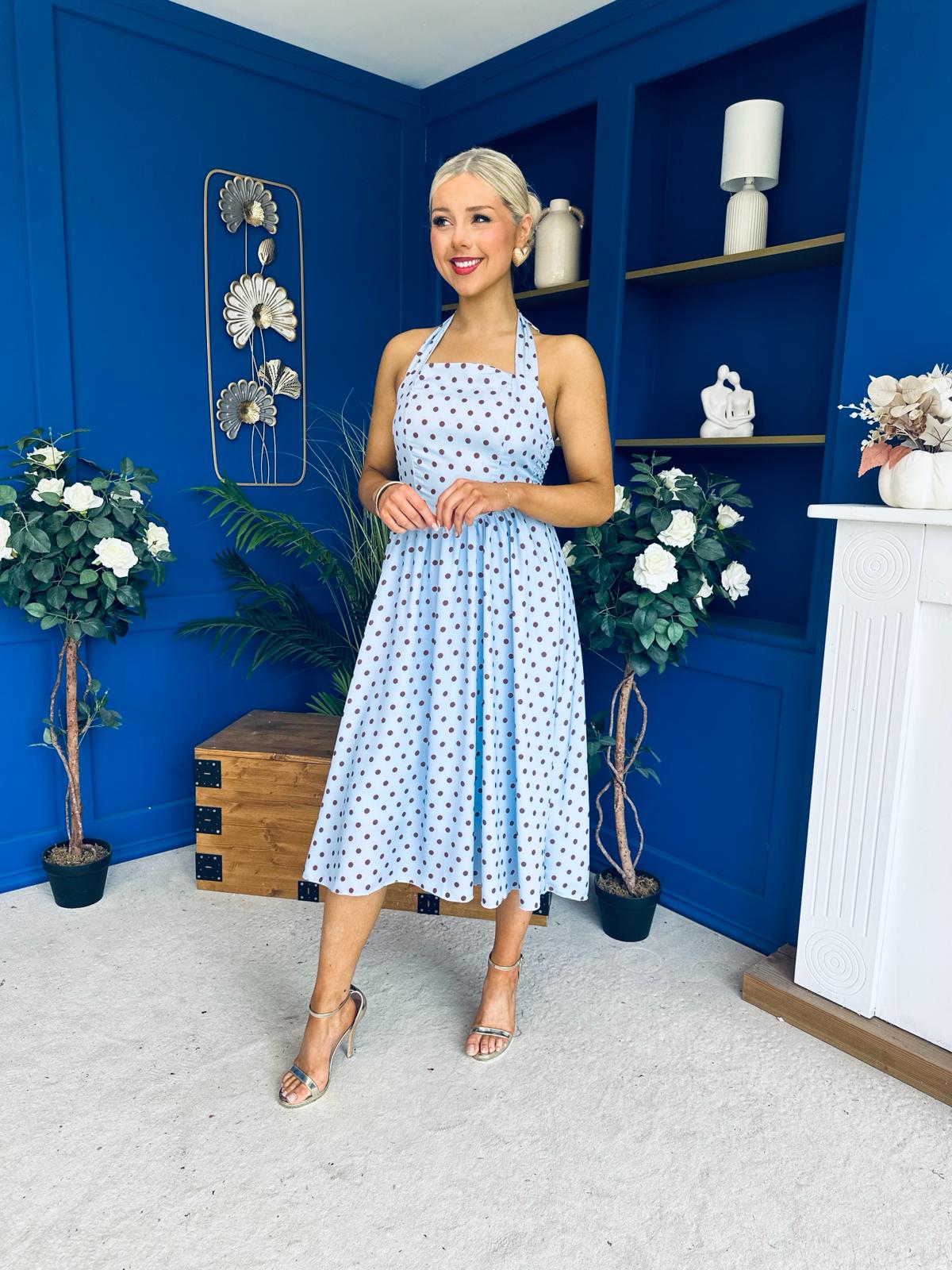 Adison Halterneck Midi Dress Coco Polka Blue
