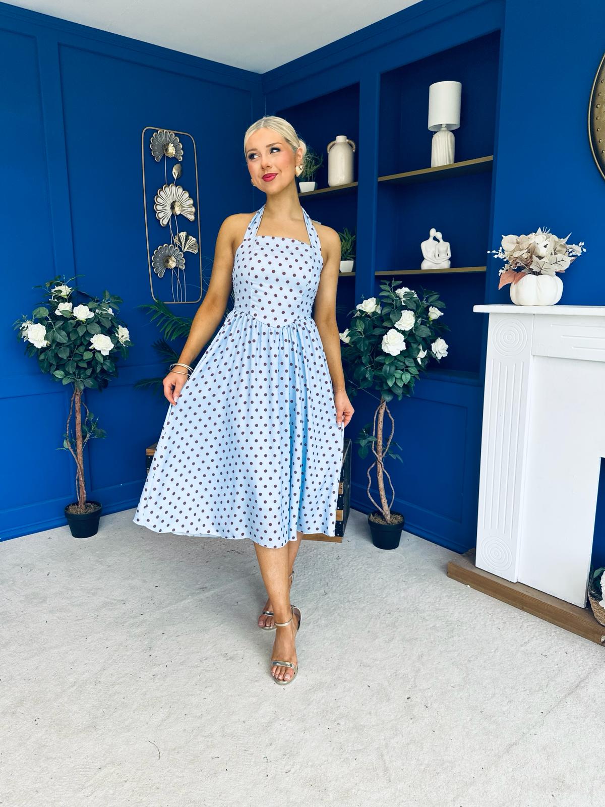 Adison Halterneck Midi Dress Coco Polka Blue