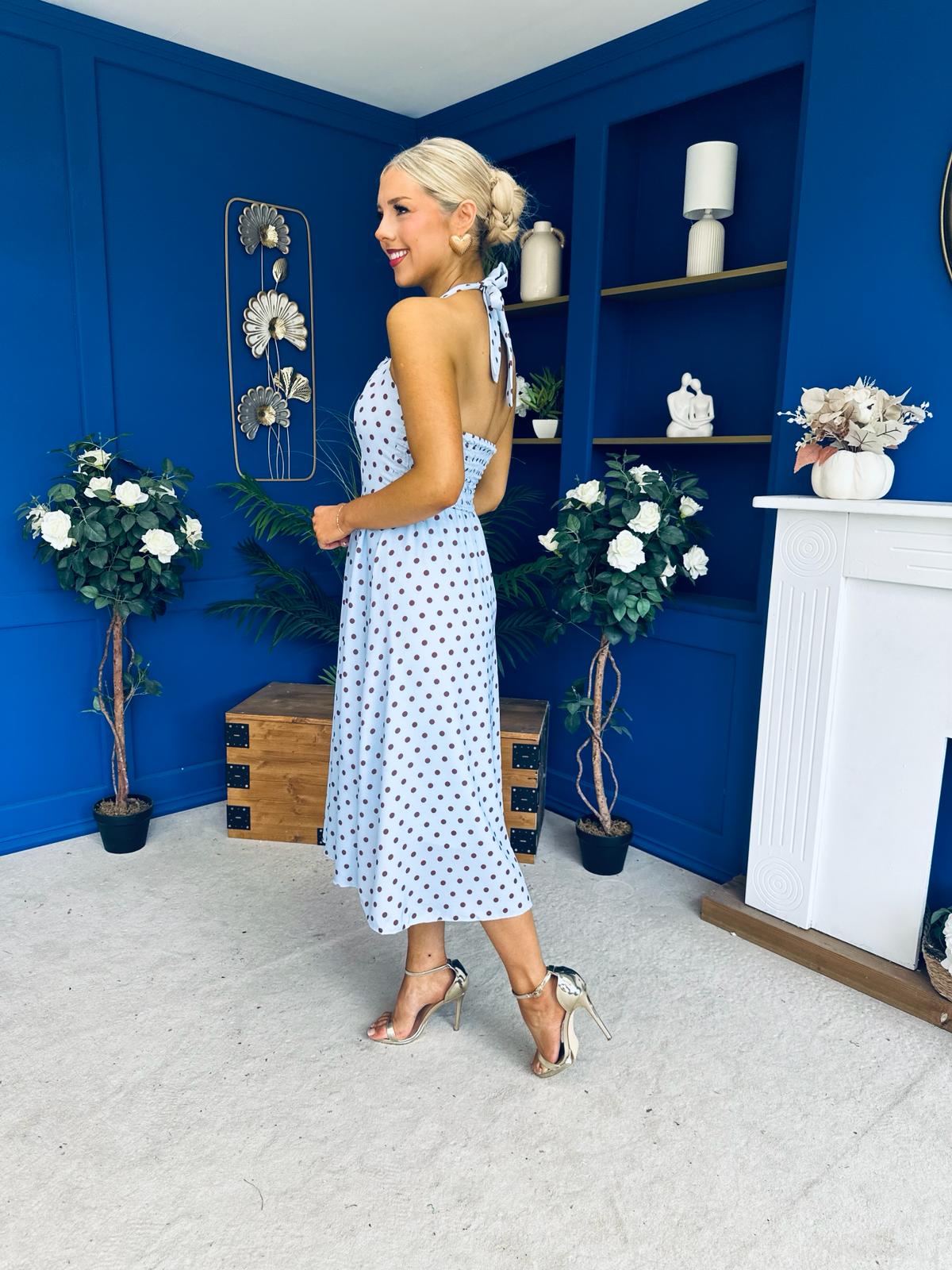 Adison Halterneck Midi Dress Coco Polka Blue