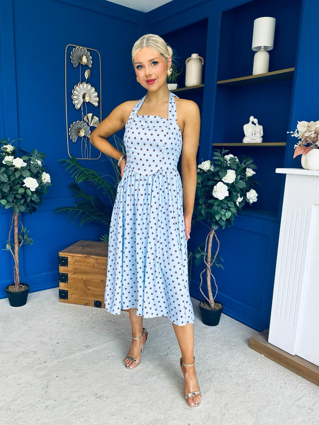 Adison Halterneck Midi Dress Coco Polka Blue