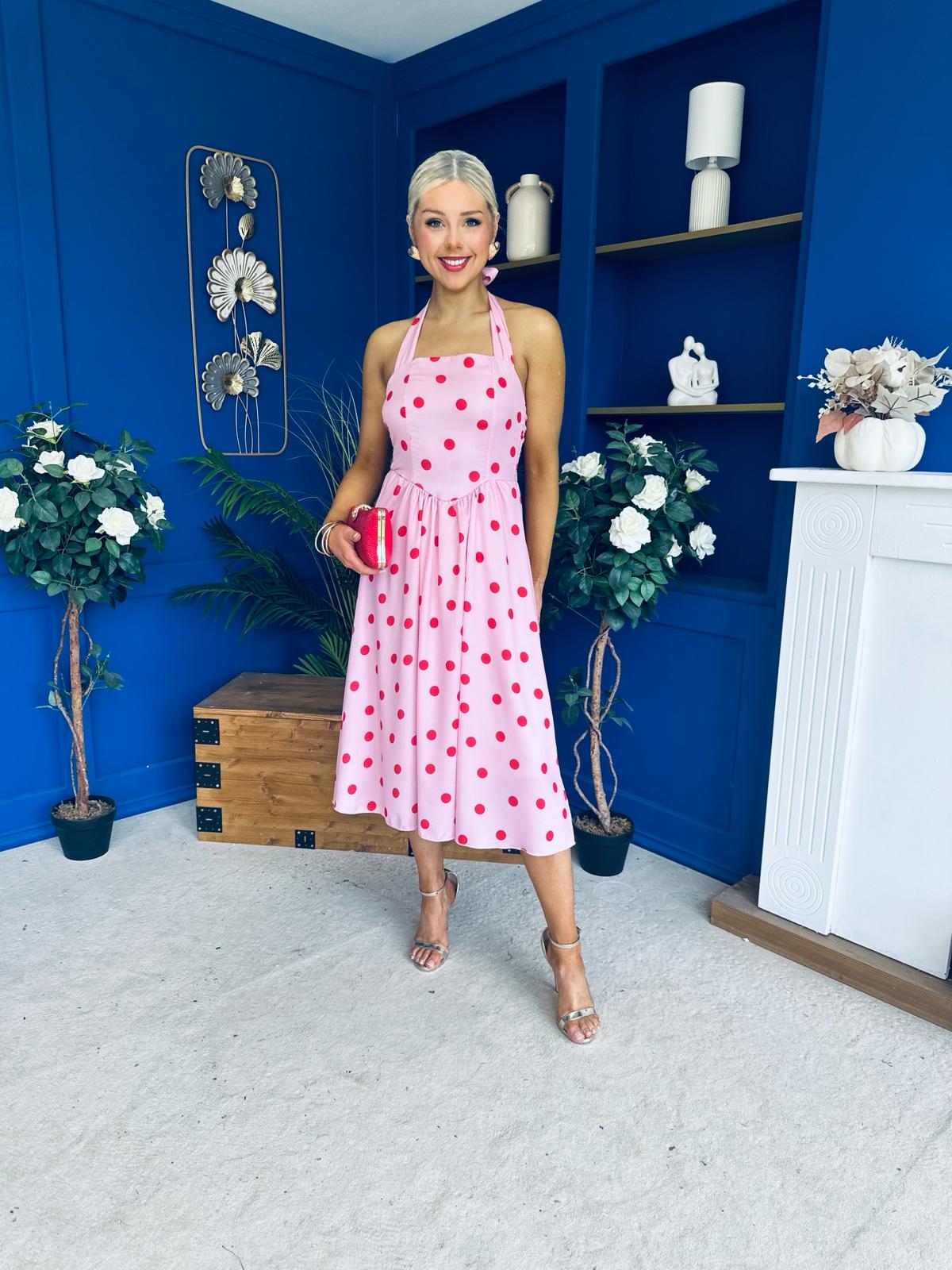 Adison Halterneck Midi Dress Red Polka Pink