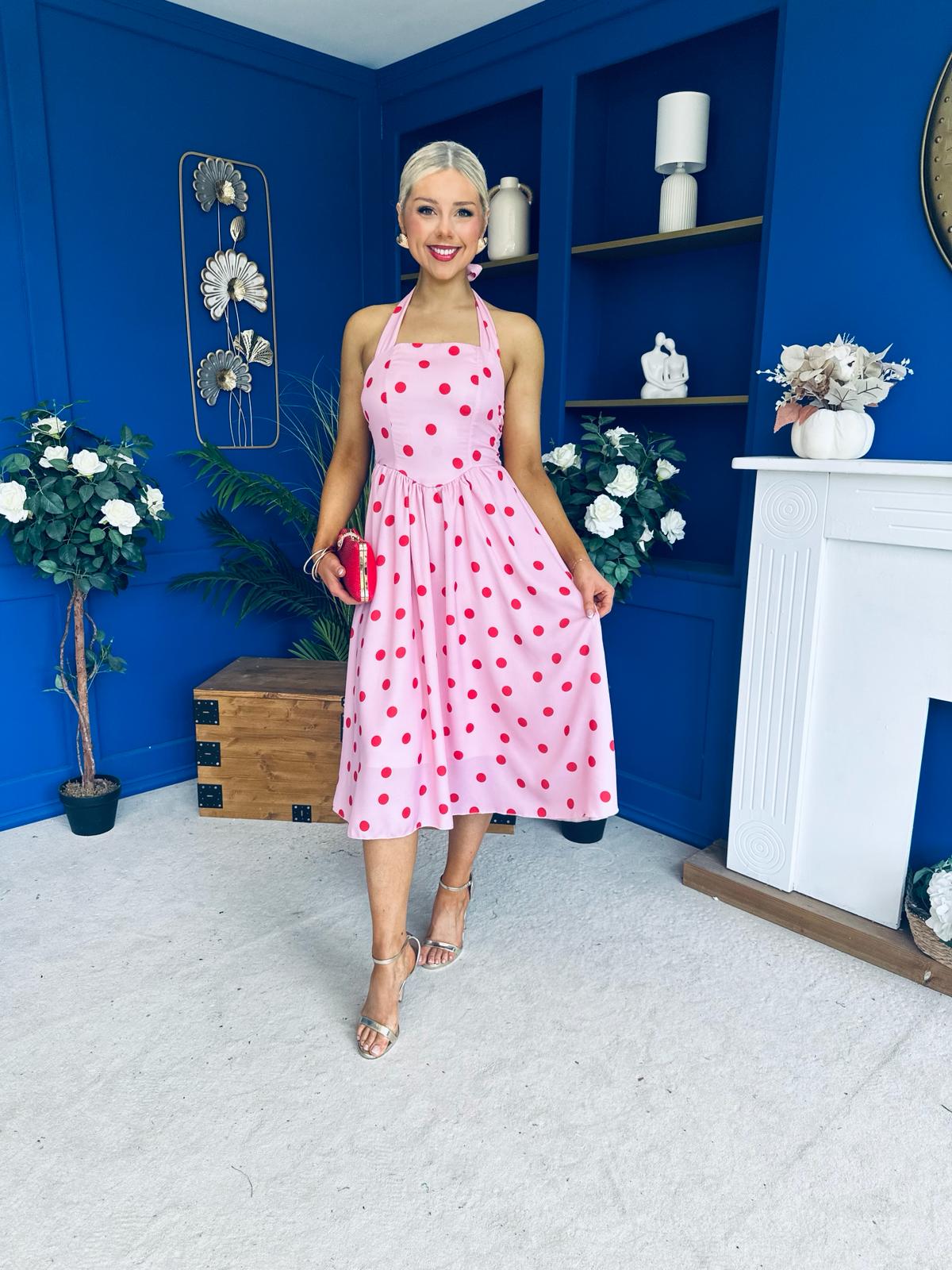 Adison Halterneck Midi Dress Red Polka Pink