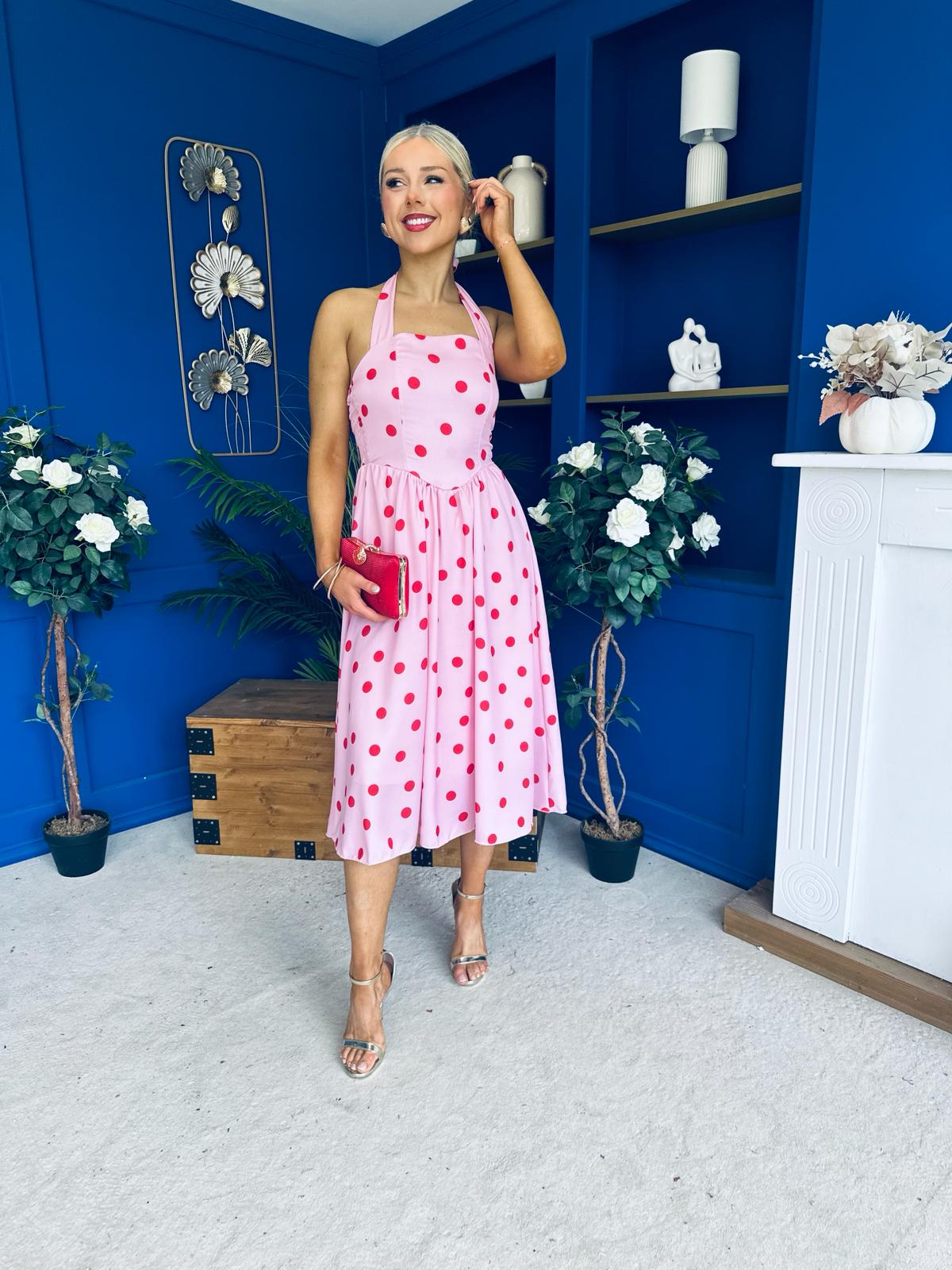 Adison Halterneck Midi Dress Red Polka Pink
