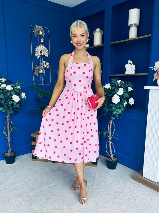 Adison Halterneck Midi Dress Red Polka Pink