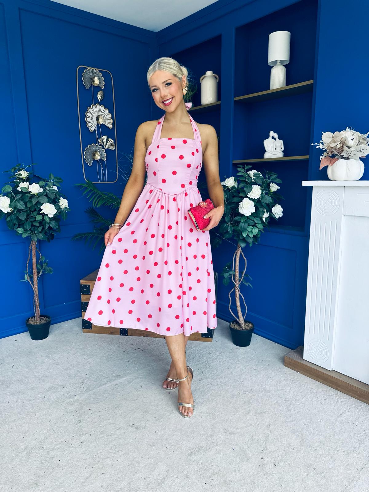 Adison Halterneck Midi Dress Red Polka Pink