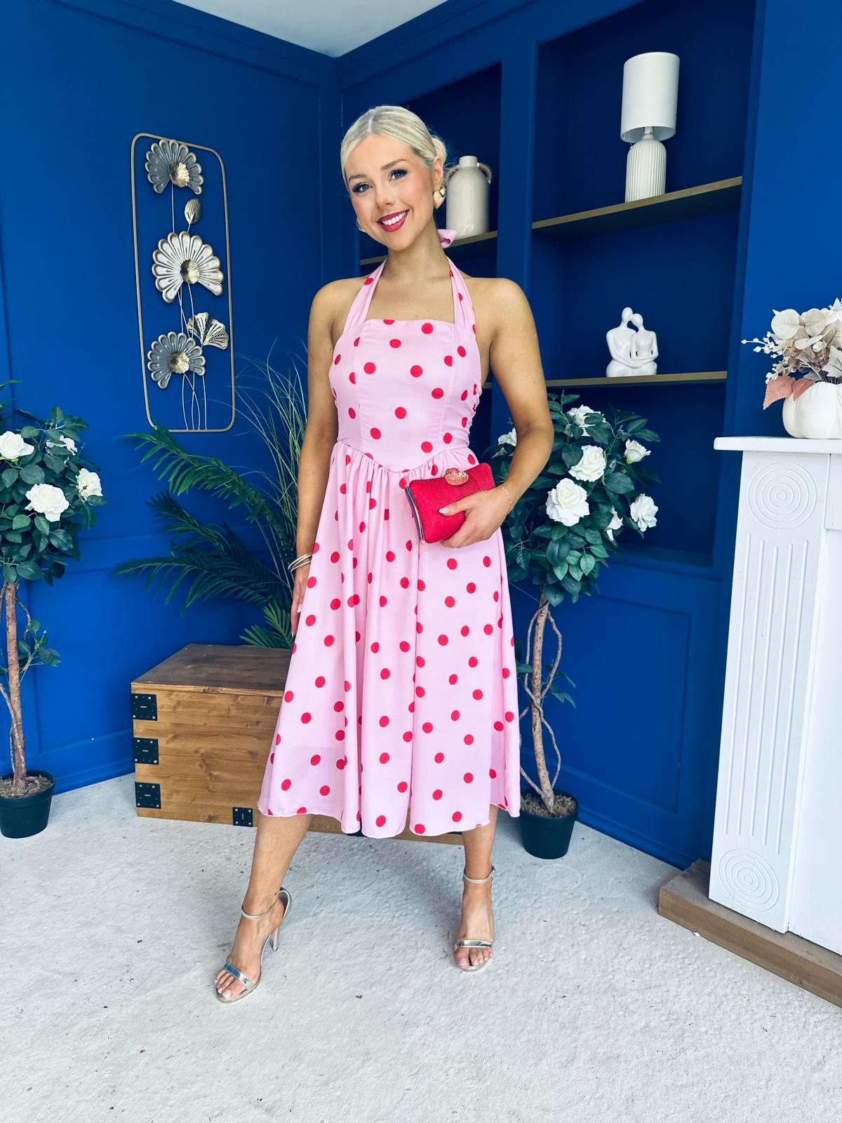 Adison Halterneck Midi Dress Red Polka Pink