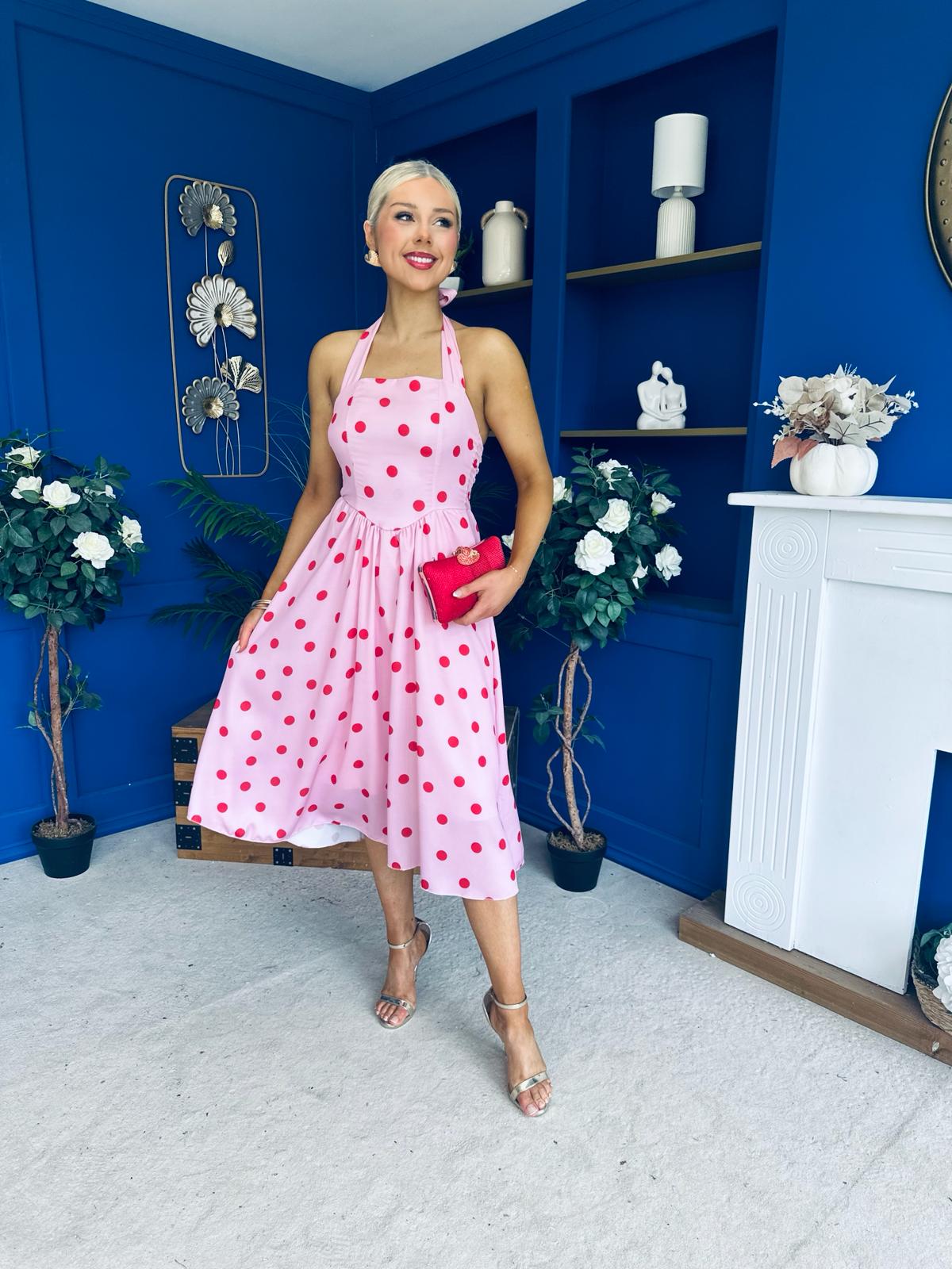 Adison Halterneck Midi Dress Red Polka Pink