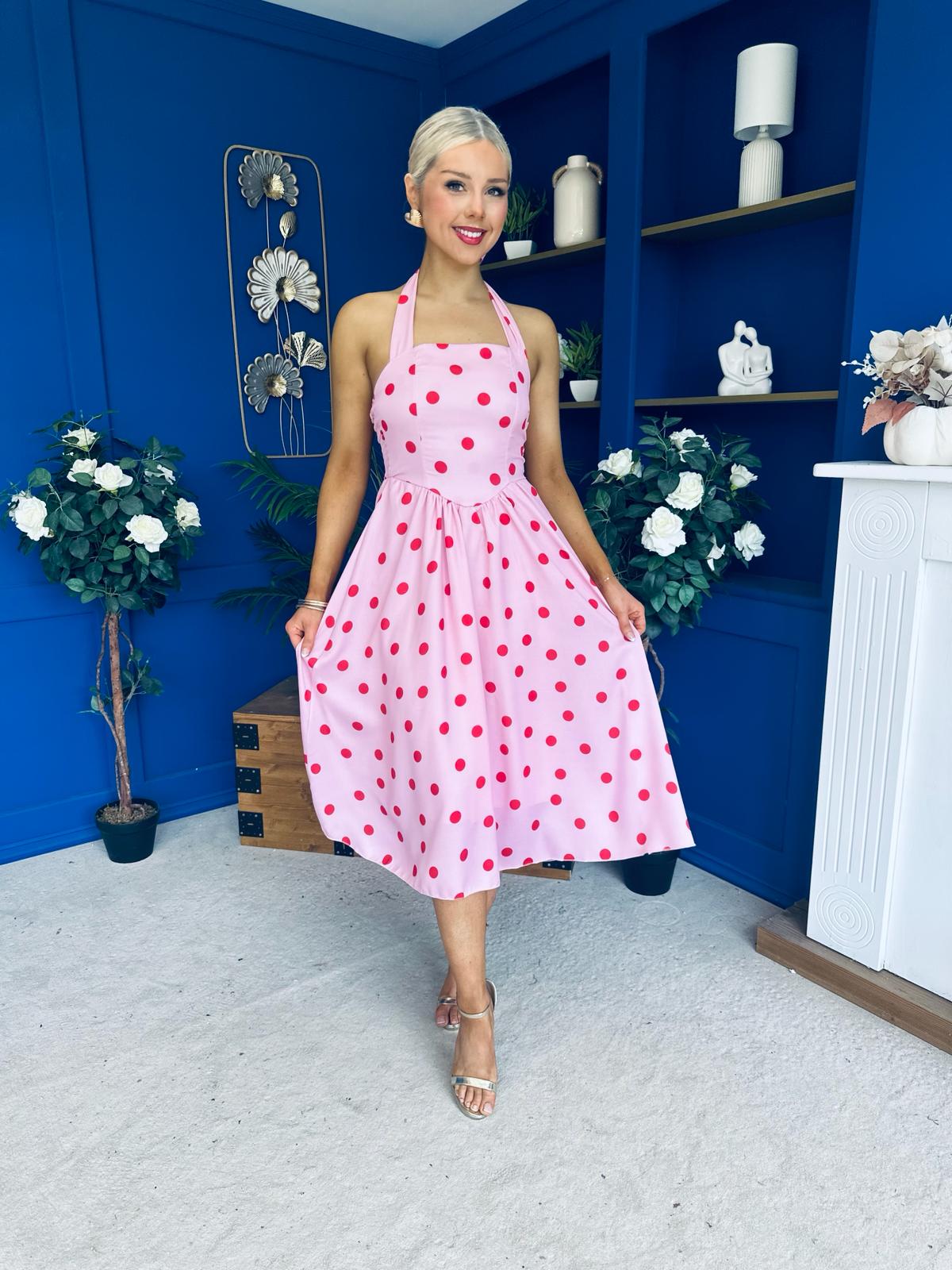 Adison Halterneck Midi Dress Red Polka Pink
