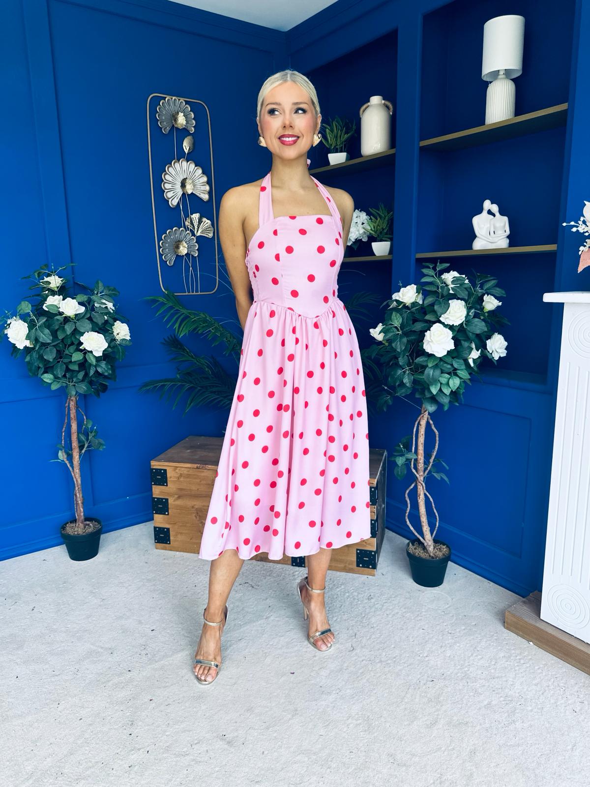 Adison Halterneck Midi Dress Red Polka Pink