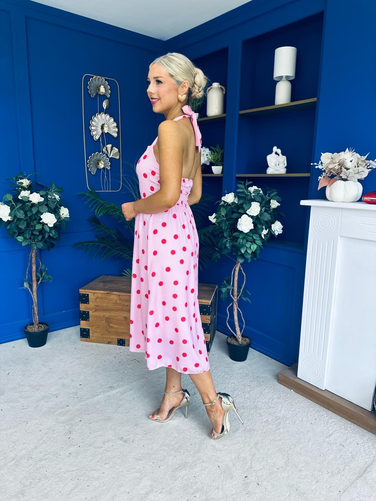 Adison Halterneck Midi Dress Red Polka Pink