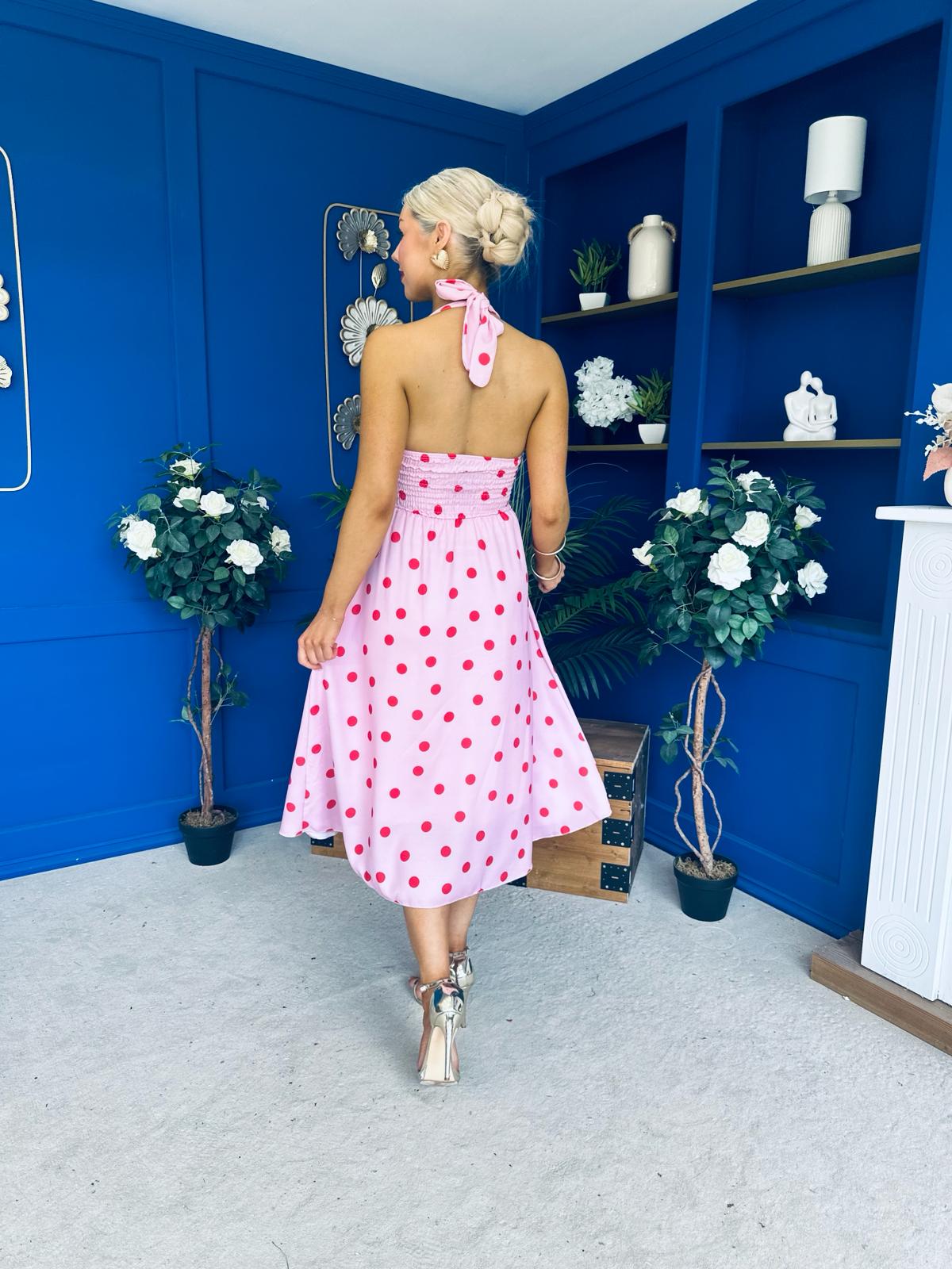 Adison Halterneck Midi Dress Red Polka Pink