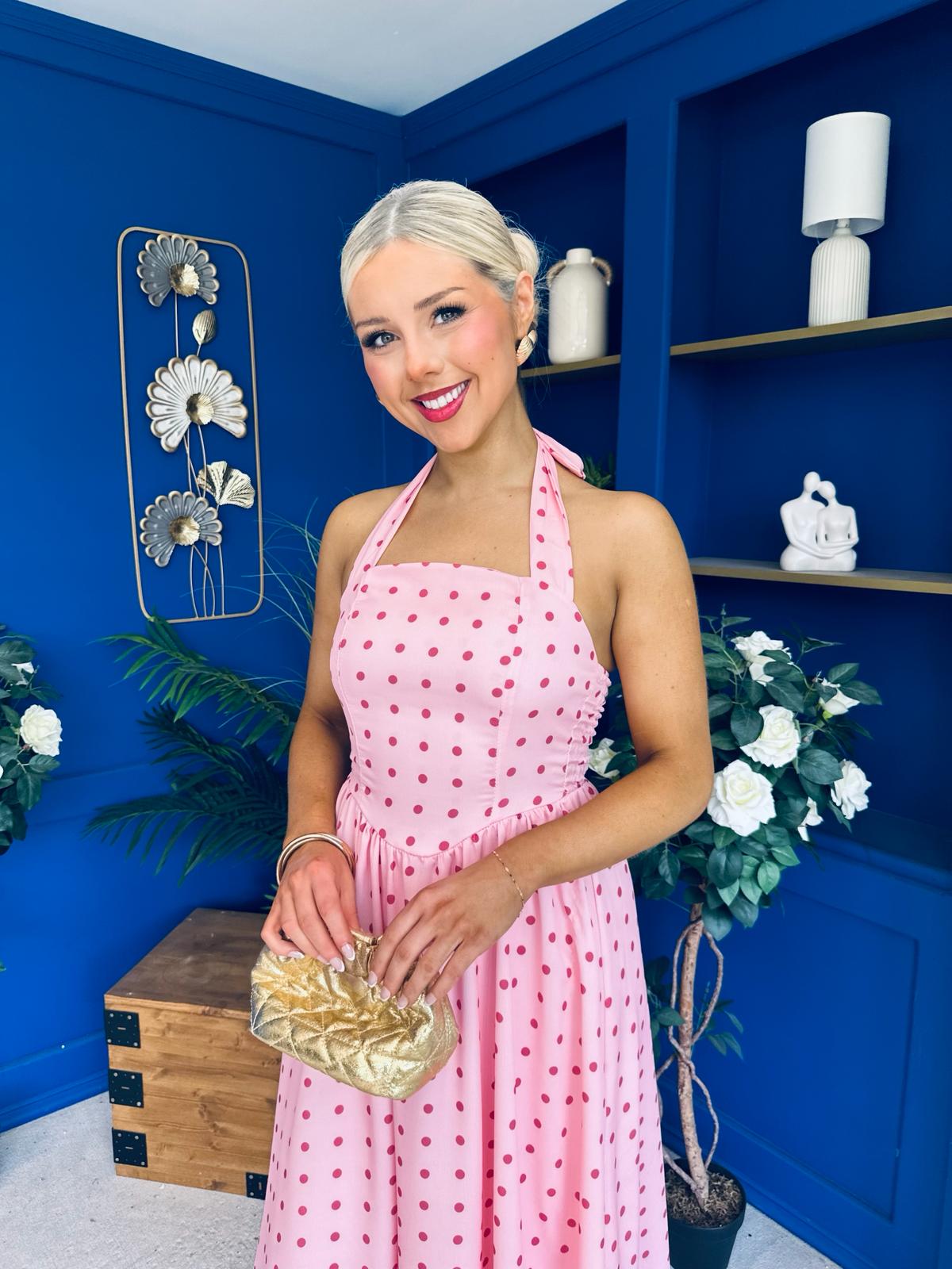 Adison Halterneck Midi Dress Coral Polka Peach
