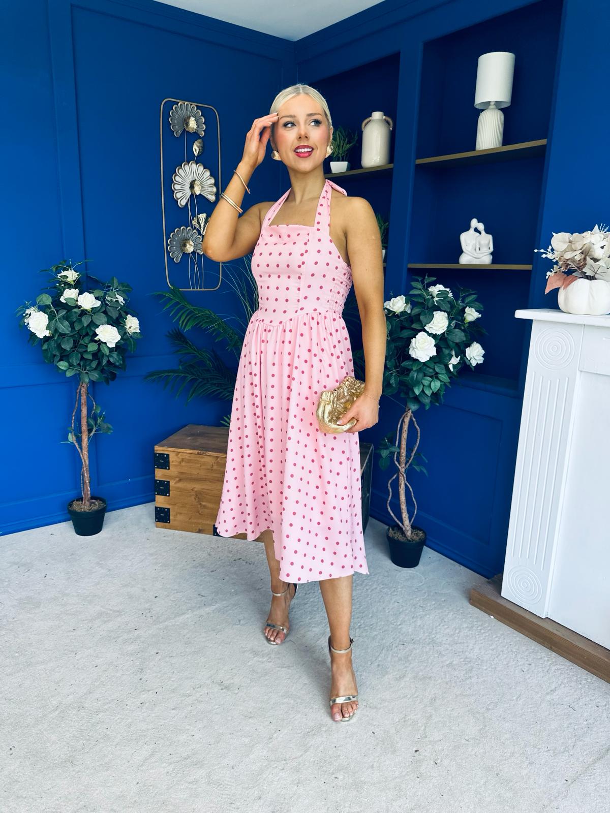 Adison Halterneck Midi Dress Coral Polka Peach