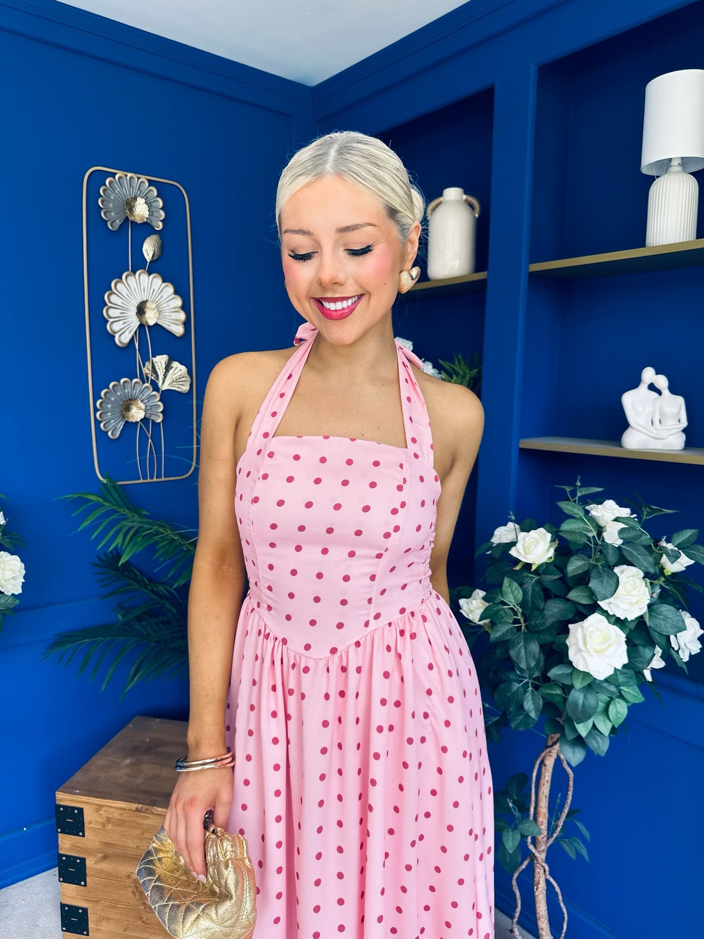 Adison Halterneck Midi Dress Coral Polka Peach