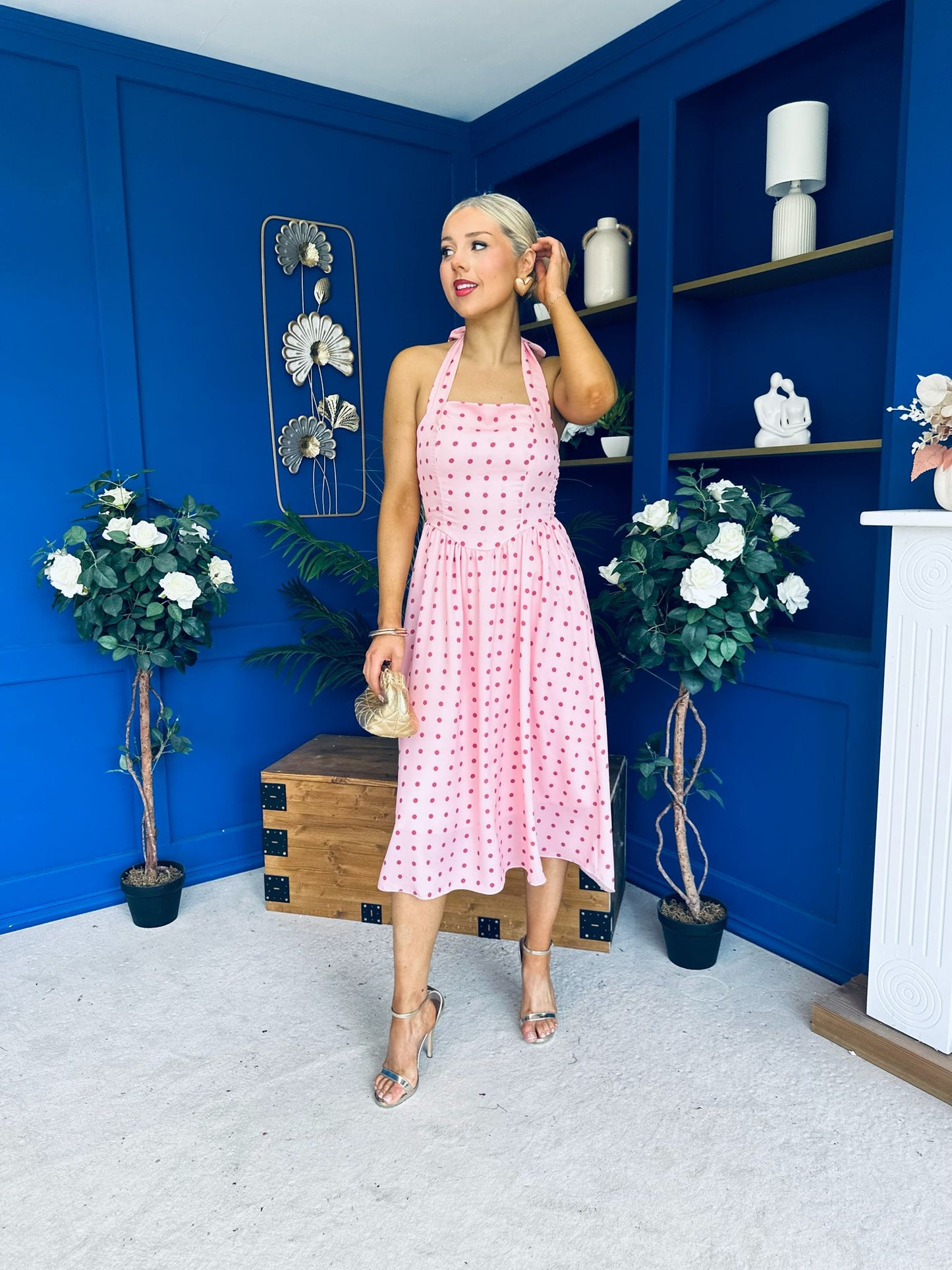 Adison Halterneck Midi Dress Coral Polka Peach