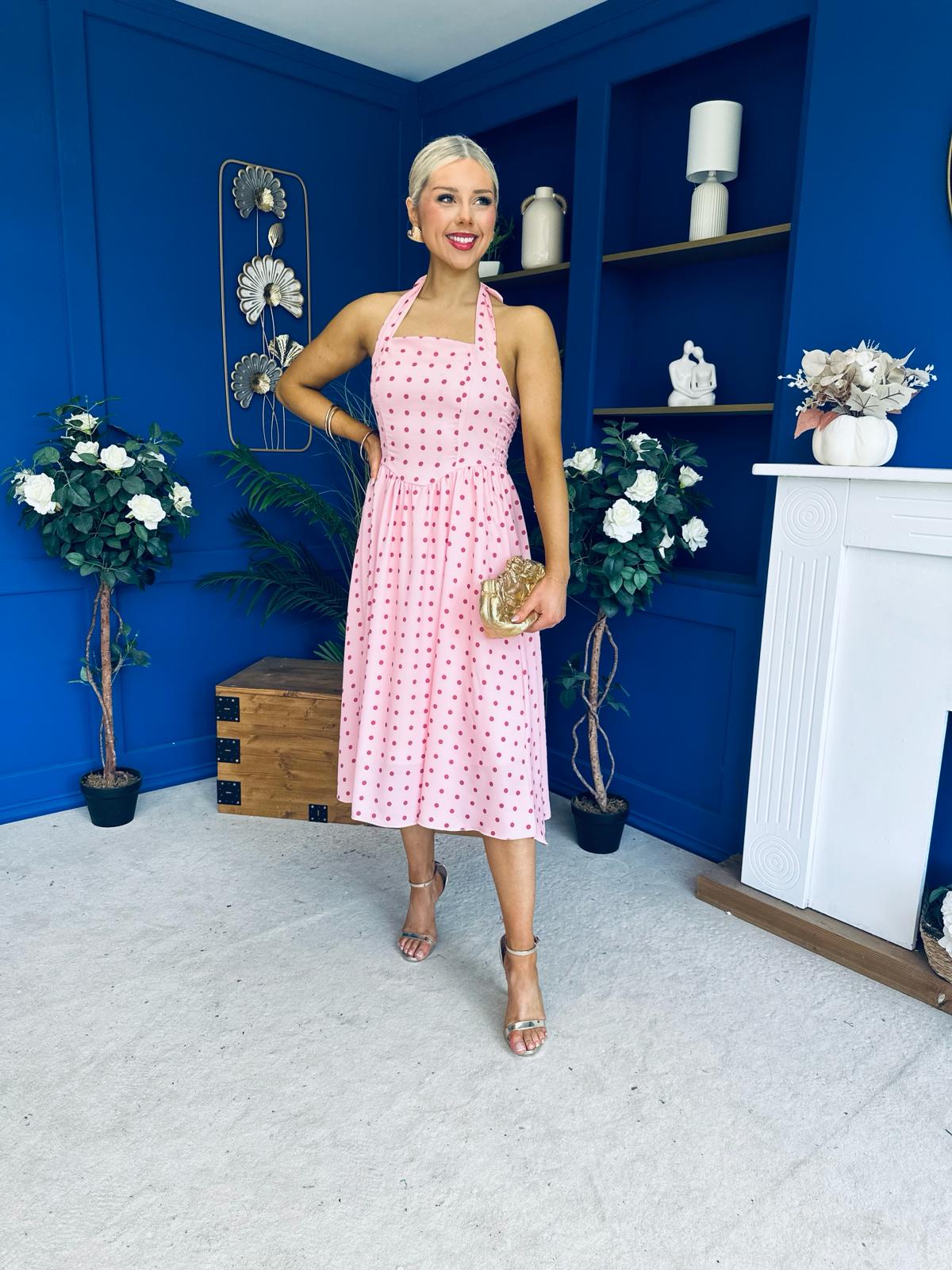Adison Halterneck Midi Dress Coral Polka Peach