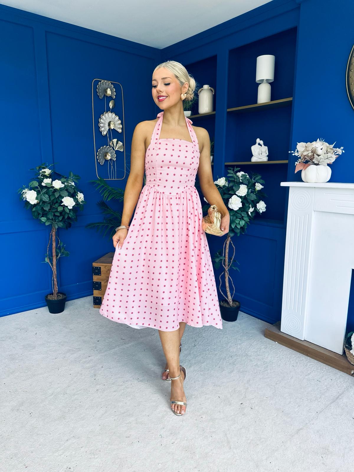 Adison Halterneck Midi Dress Coral Polka Peach