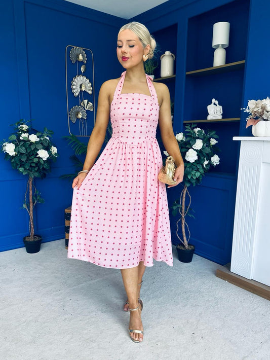 Adison Halterneck Midi Dress Coral Polka Peach