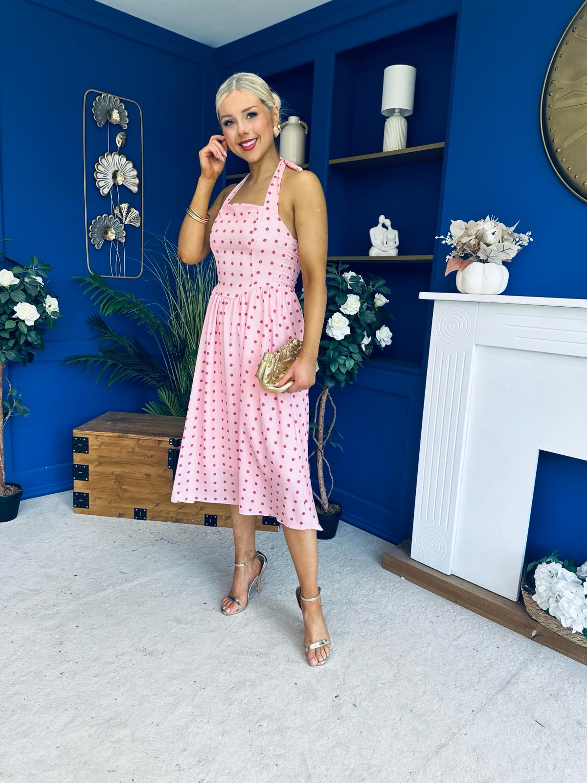 Adison Halterneck Midi Dress Coral Polka Peach