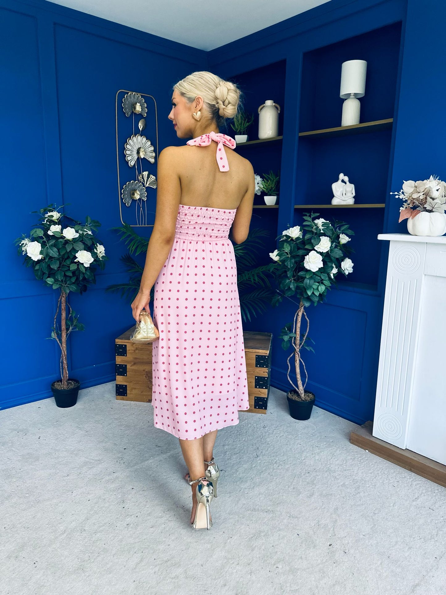 Adison Halterneck Midi Dress Coral Polka Peach