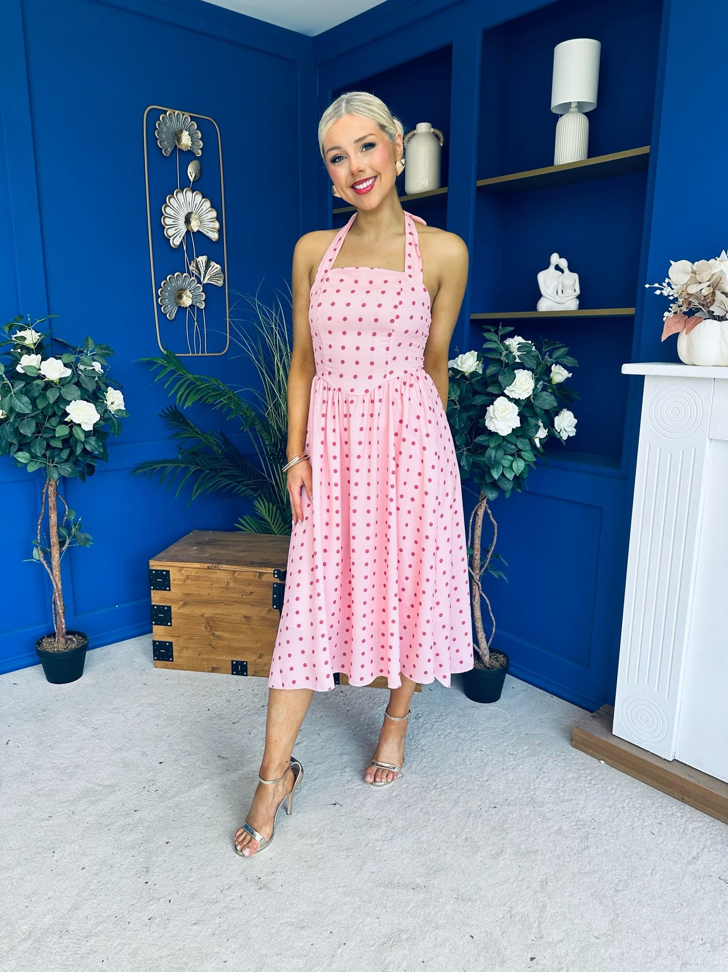 Adison Halterneck Midi Dress Coral Polka Peach