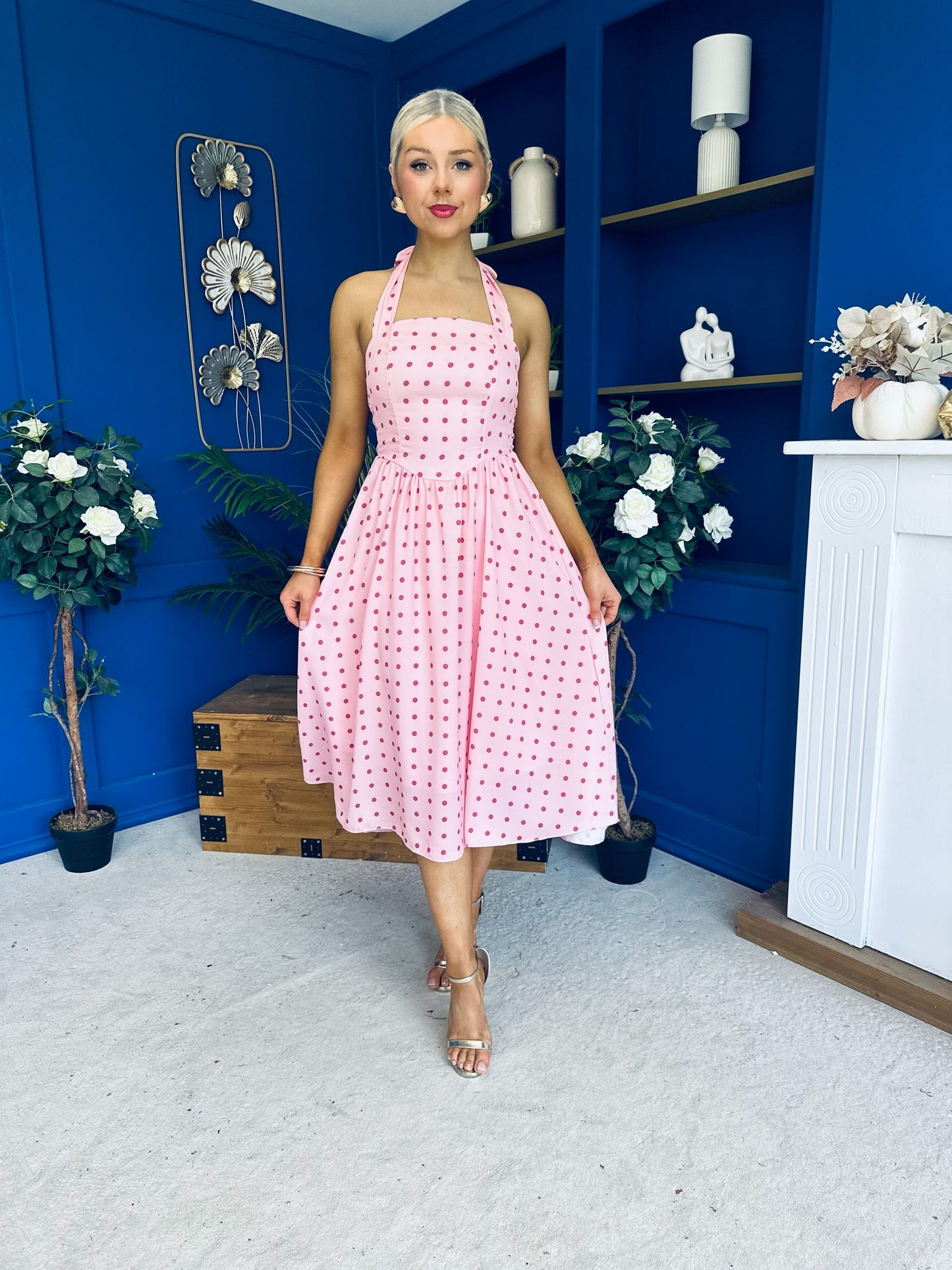 Adison Halterneck Midi Dress Coral Polka Peach