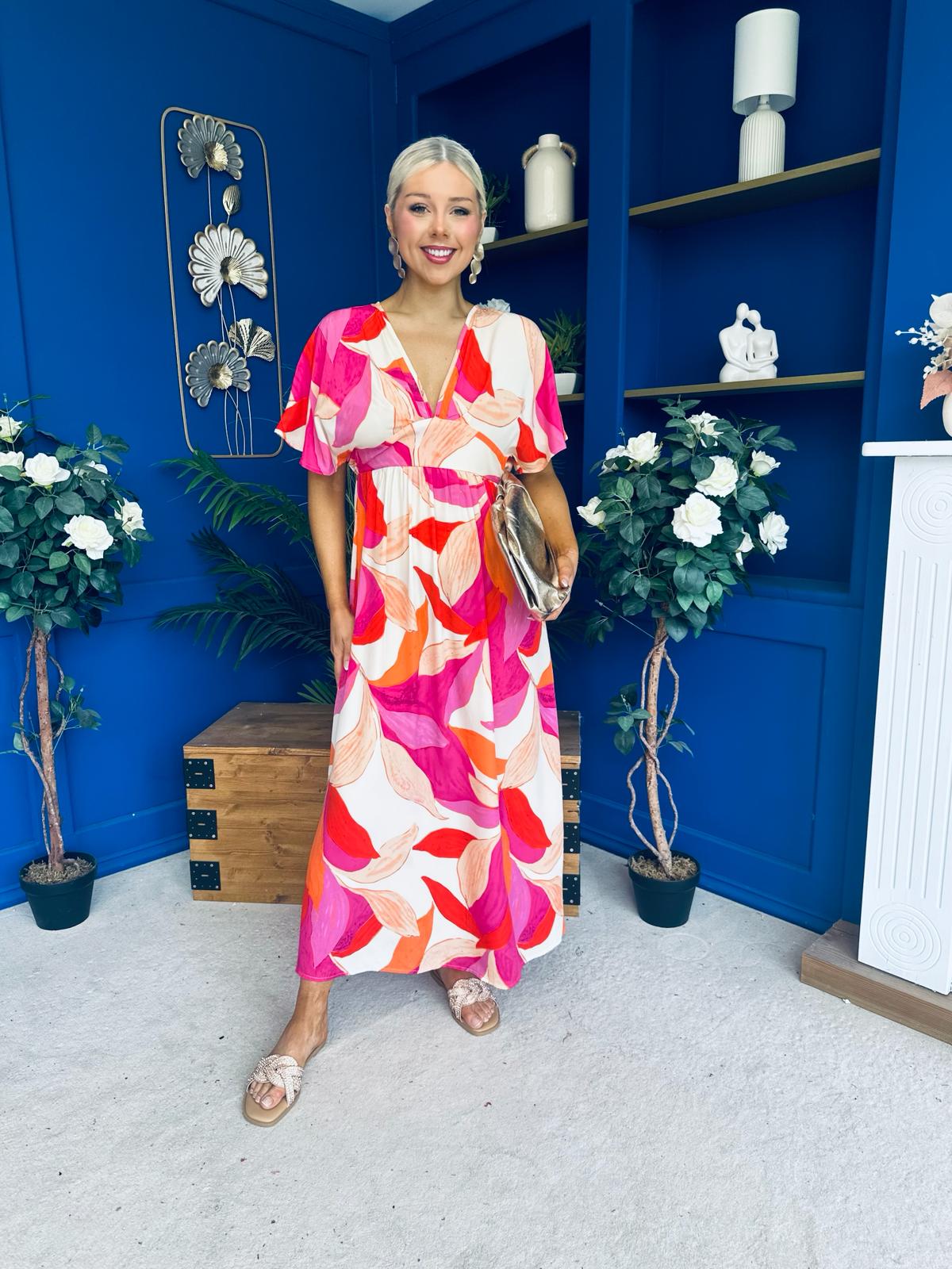 Suzan Banded Midi Dress Printed Coral
