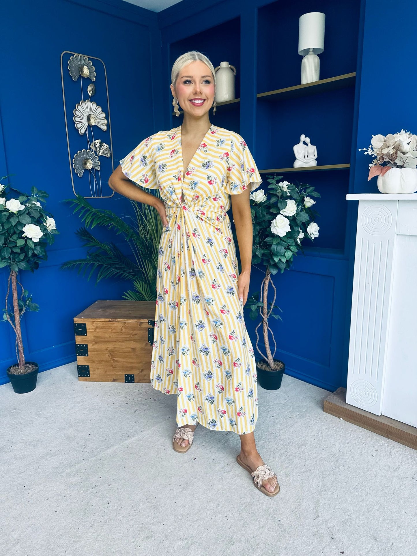Skylar Twist Detail Midi Dress Striped Floral Yellow