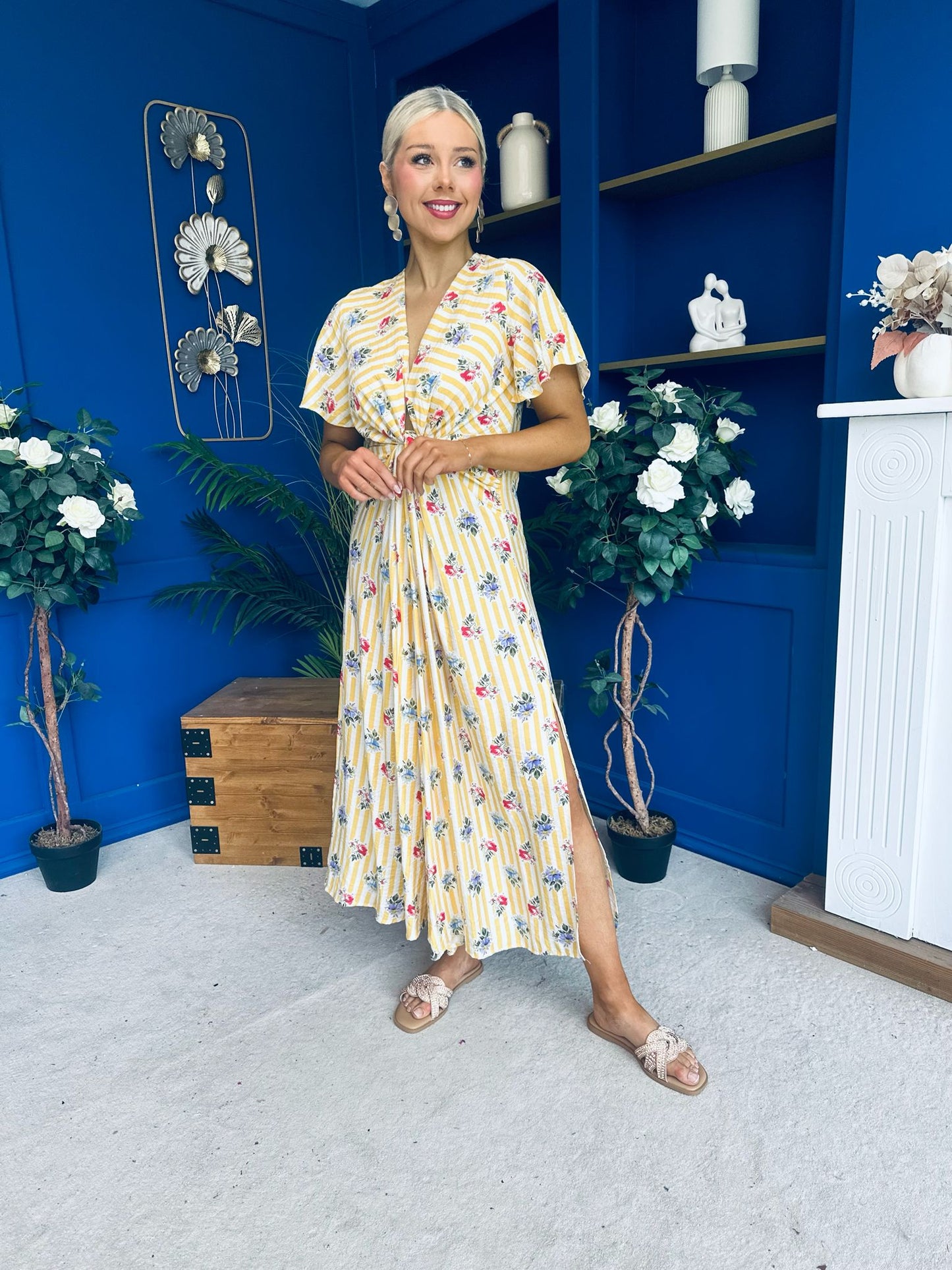 Skylar Twist Detail Midi Dress Striped Floral Yellow