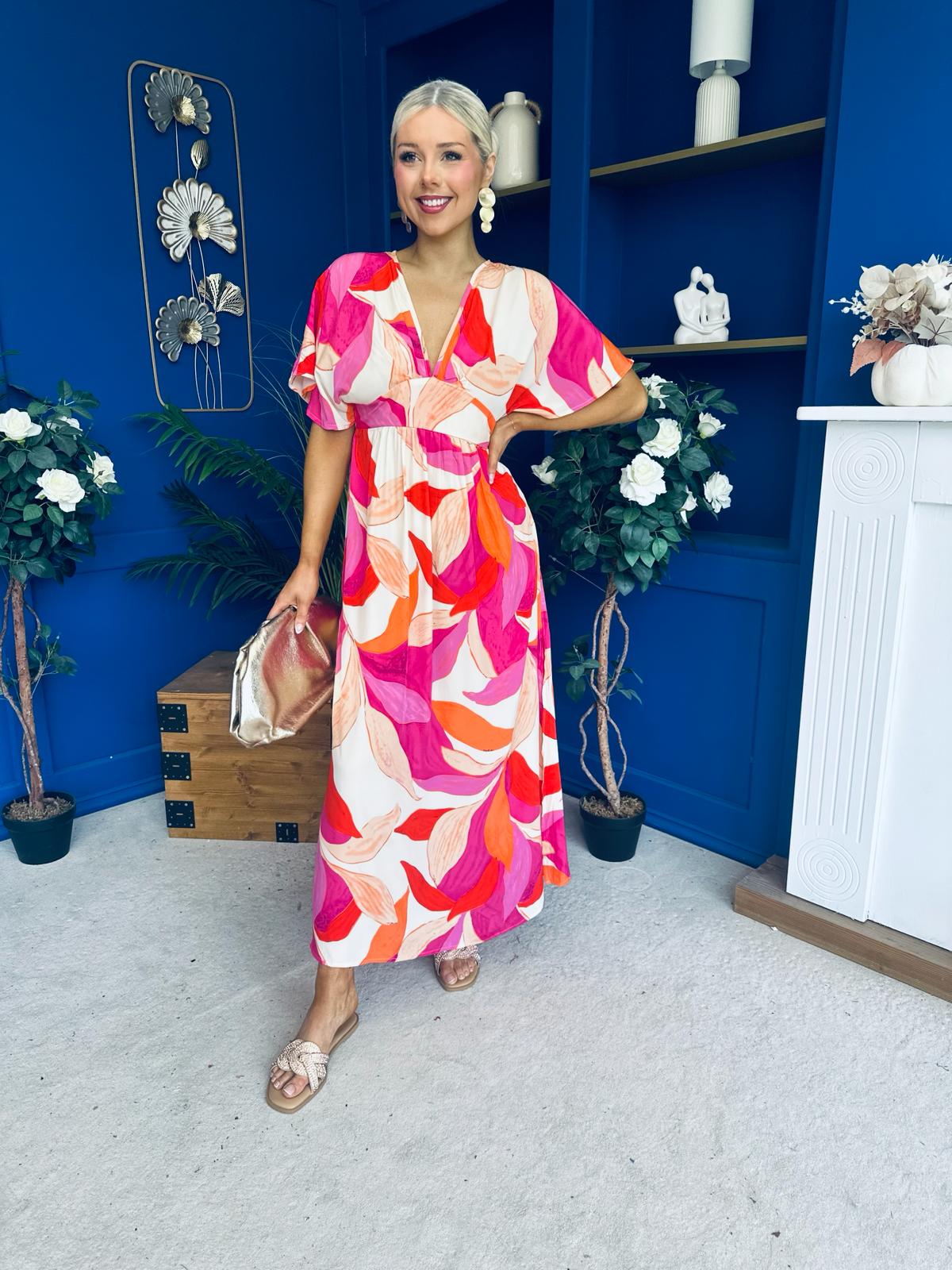 Suzan Banded Midi Dress Printed Coral