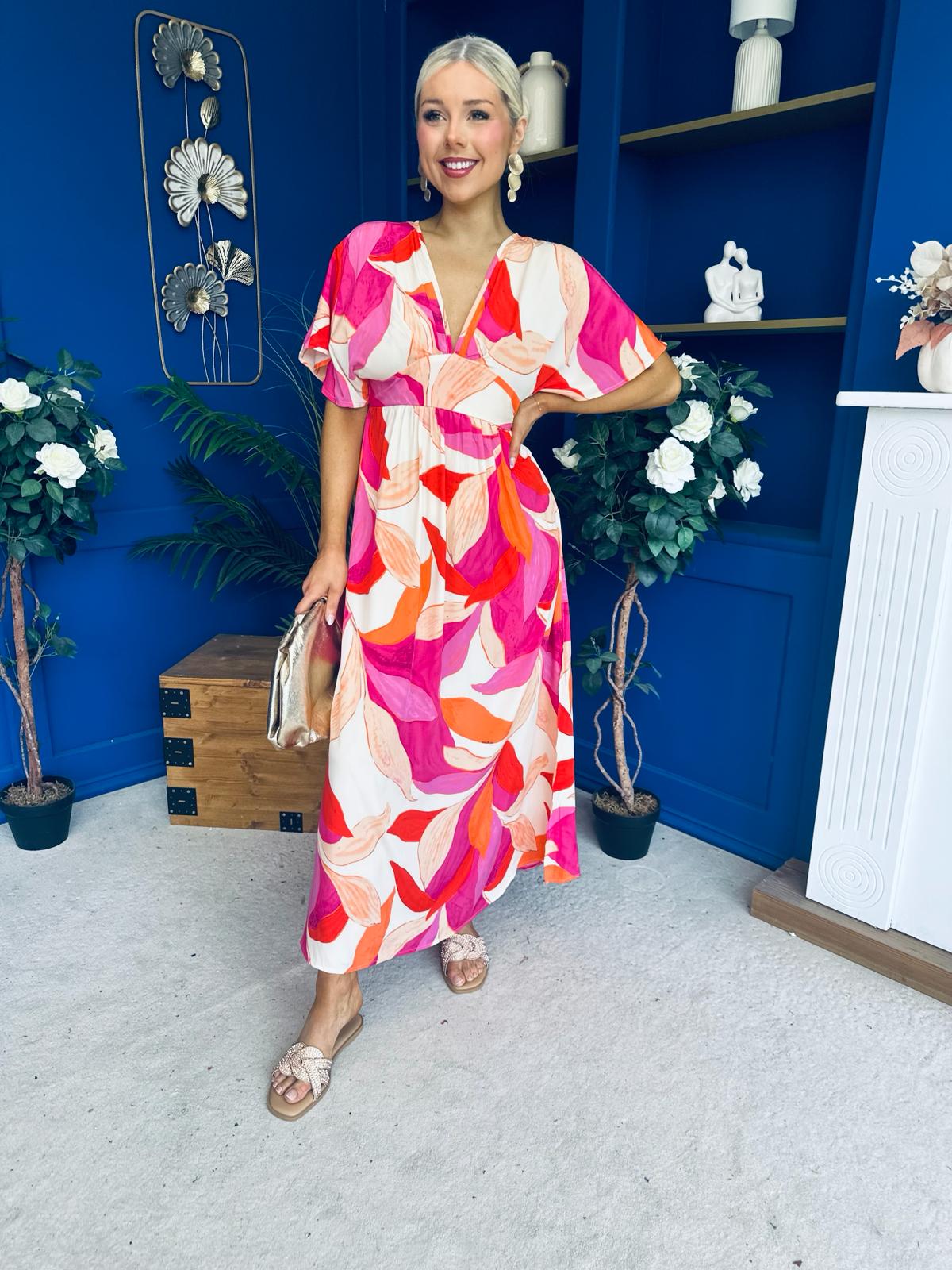 Suzan Banded Midi Dress Printed Coral