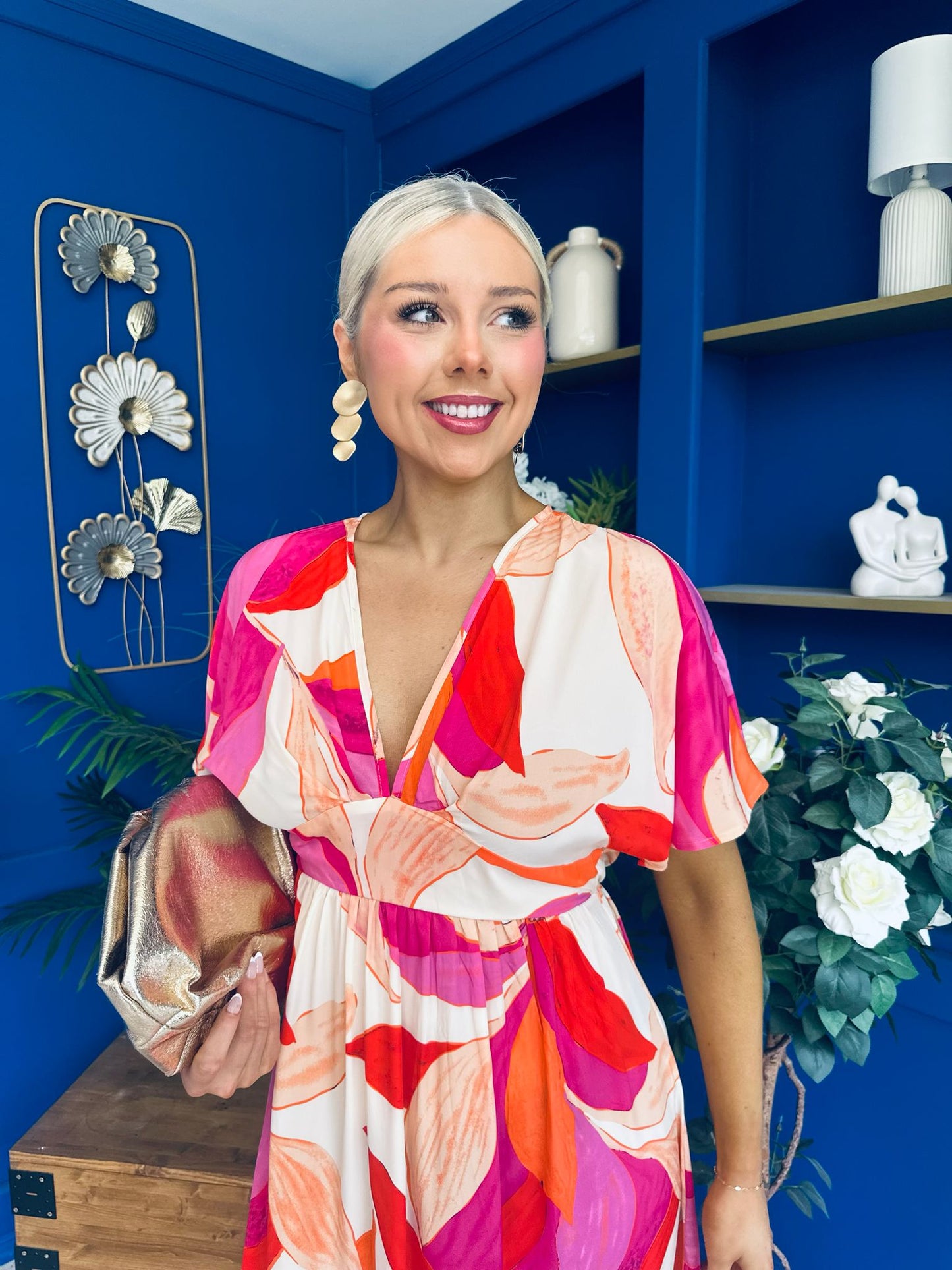 Suzan Banded Midi Dress Printed Coral