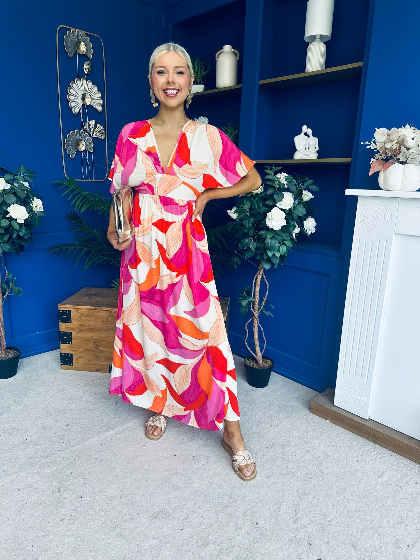 Suzan Banded Midi Dress Printed Coral