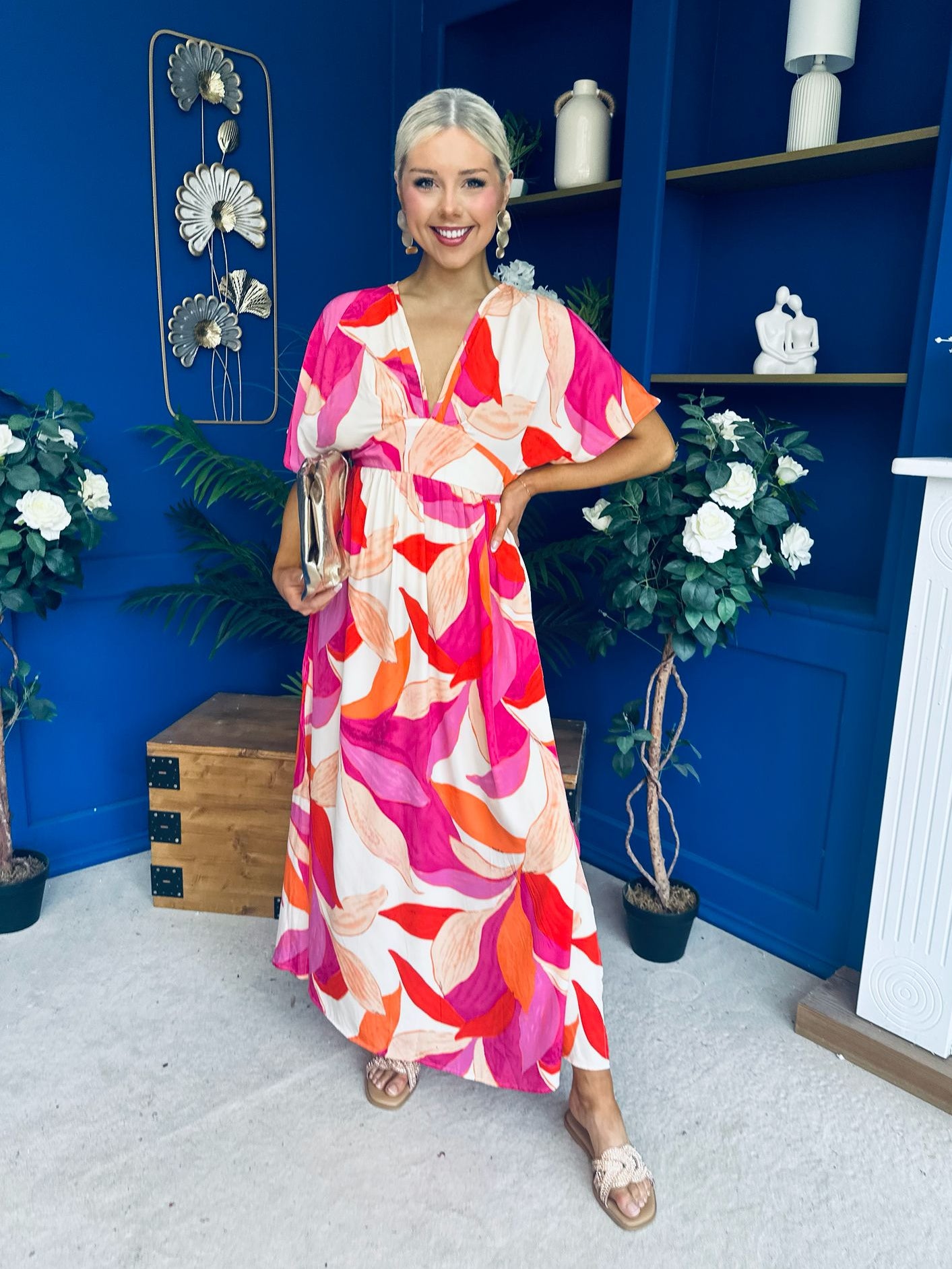 Suzan Banded Midi Dress Printed Coral