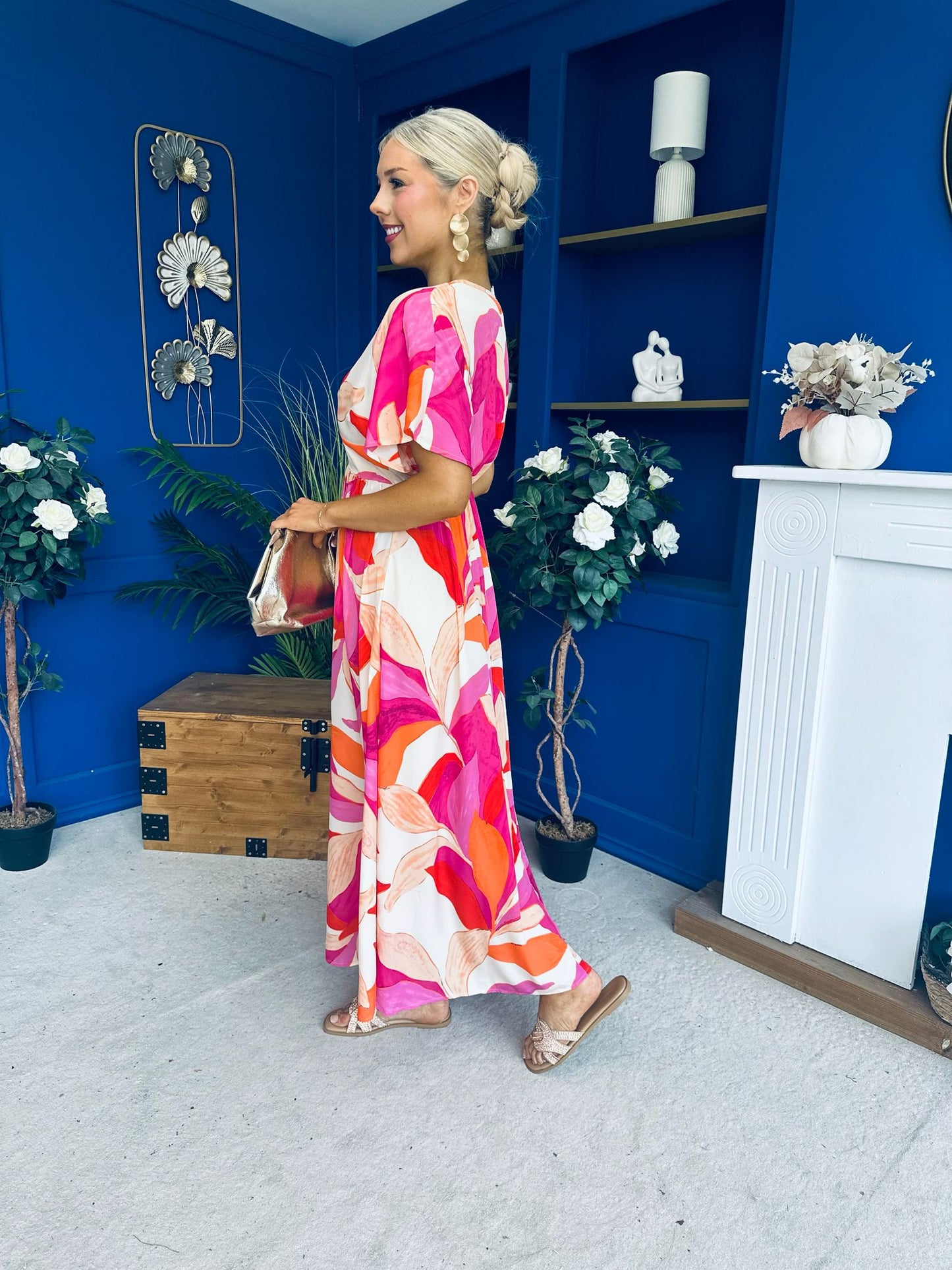 Suzan Banded Midi Dress Printed Coral