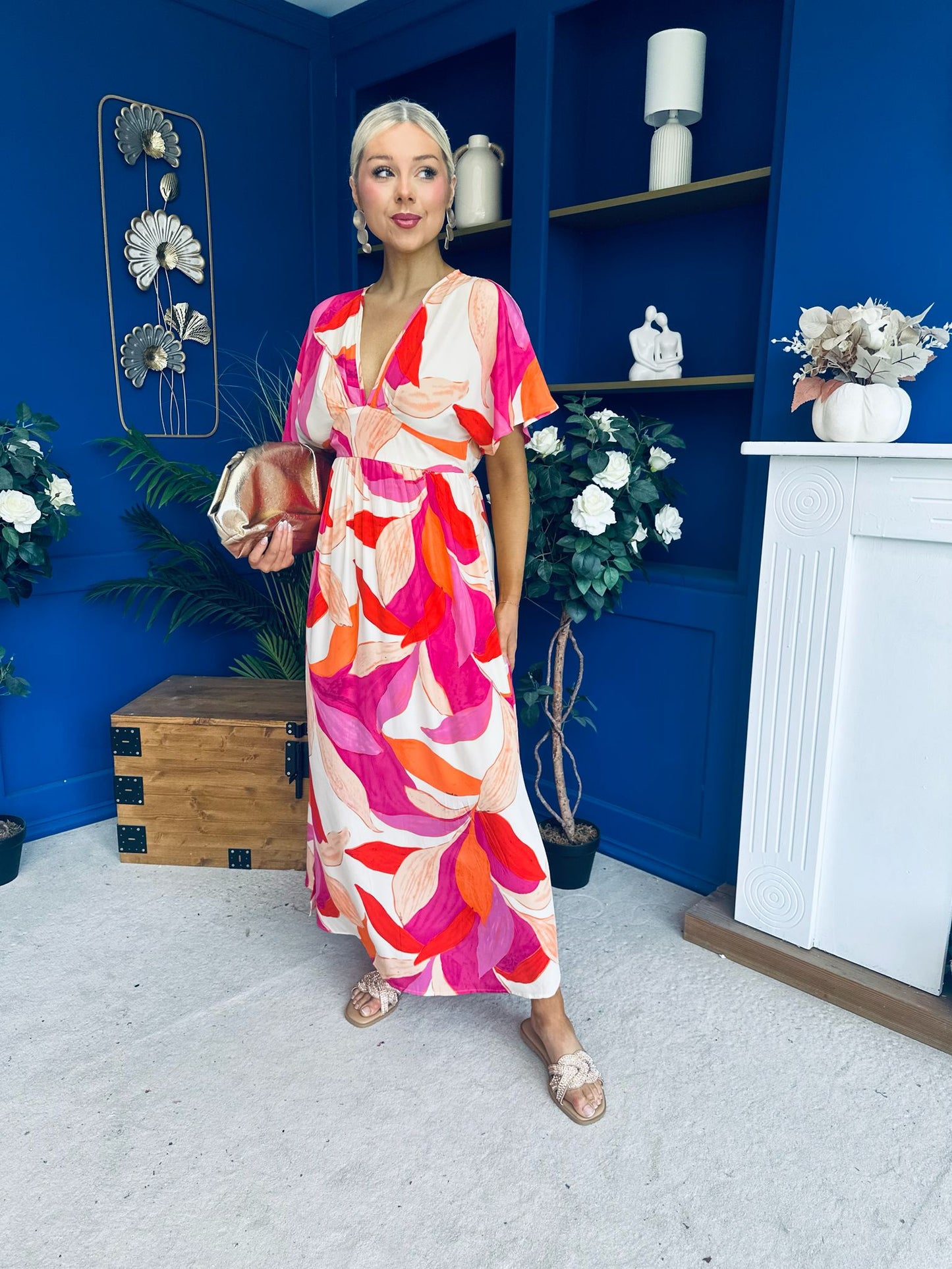 Suzan Banded Midi Dress Printed Coral