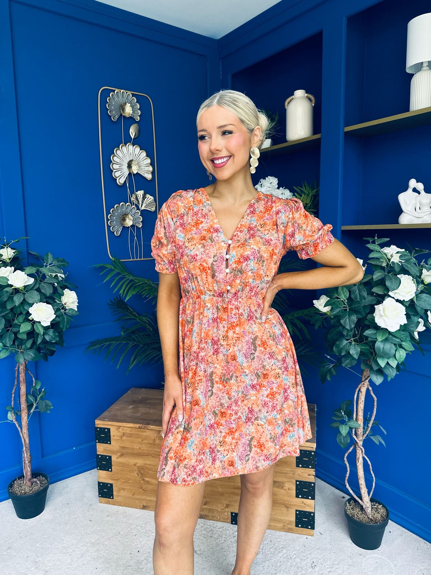 Laura Button Detail Mini Dress Floral Amber