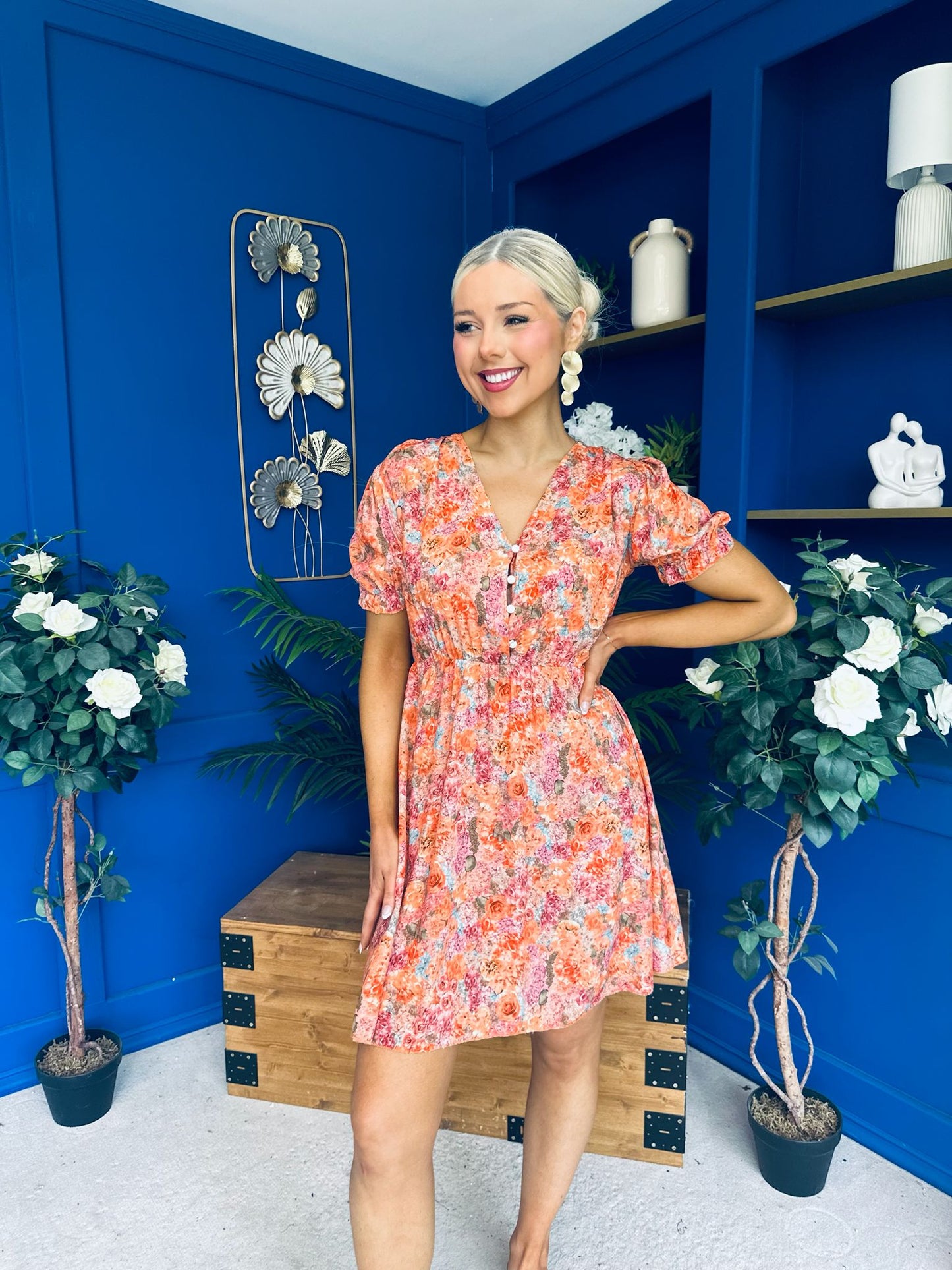 Laura Button Detail Mini Dress Floral Amber