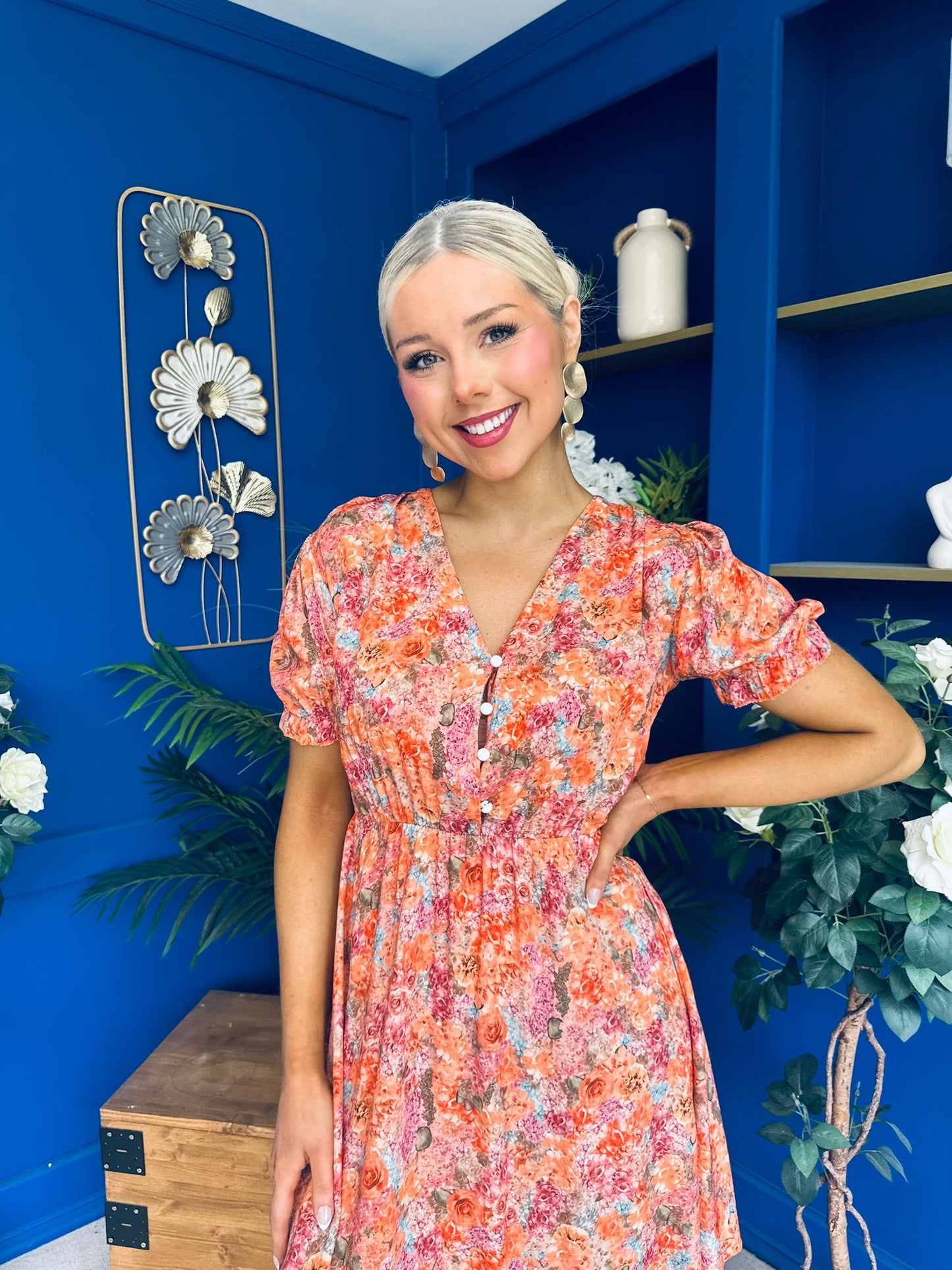 Laura Button Detail Mini Dress Floral Amber
