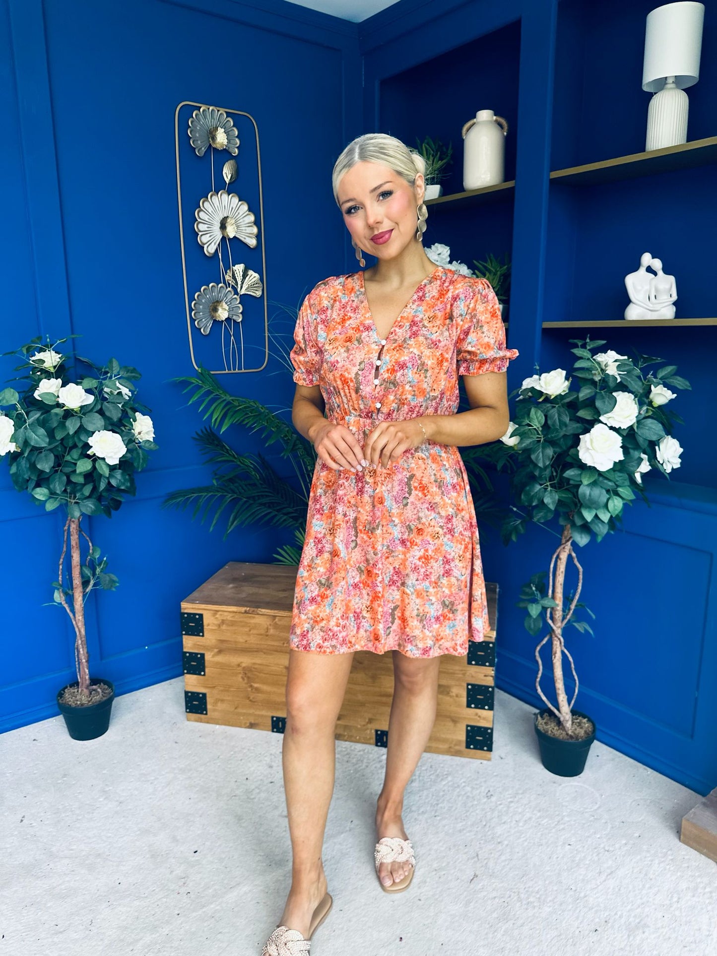 Laura Button Detail Mini Dress Floral Amber