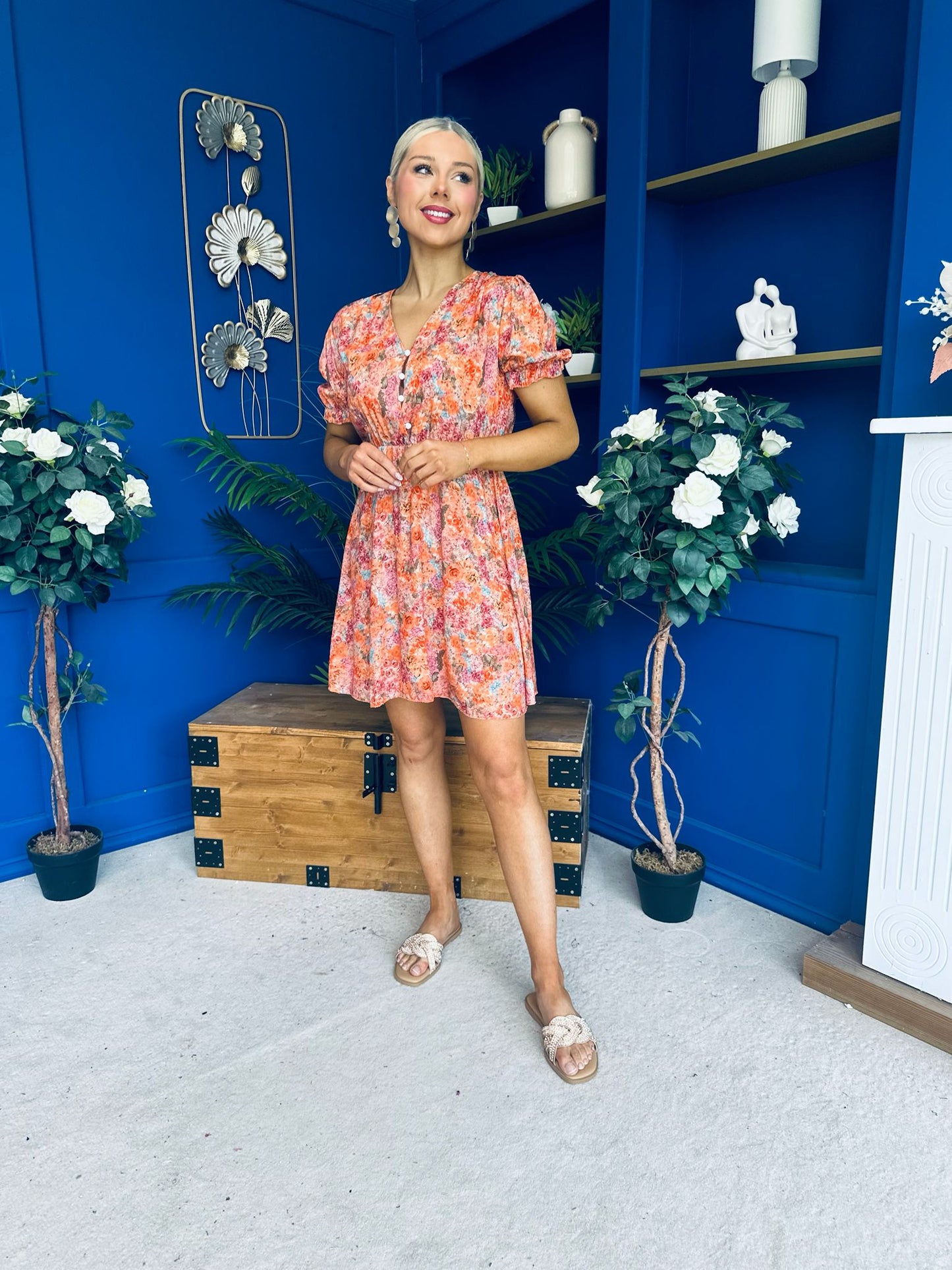 Laura Button Detail Mini Dress Floral Amber