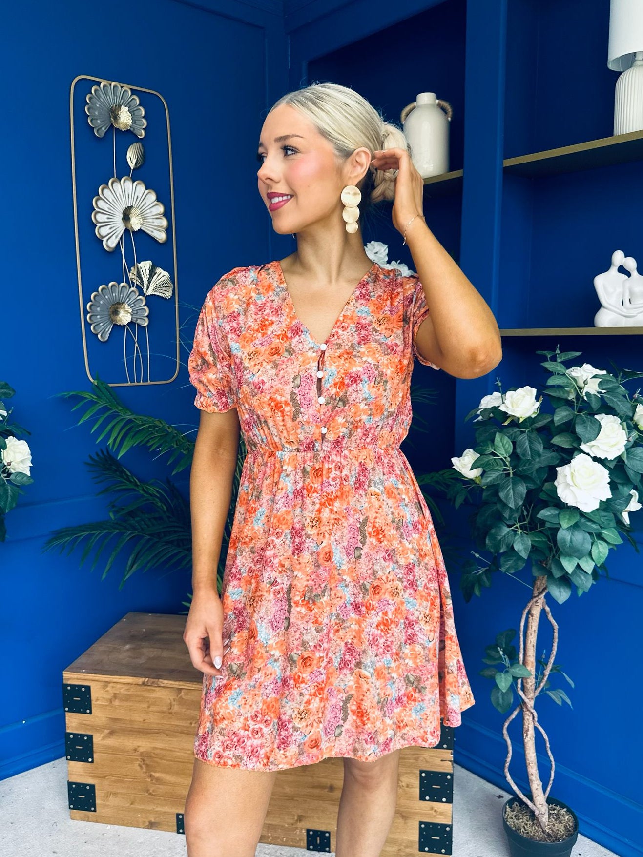 Laura Button Detail Mini Dress Floral Amber