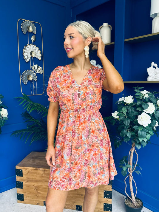 Laura Button Detail Mini Dress Floral Amber