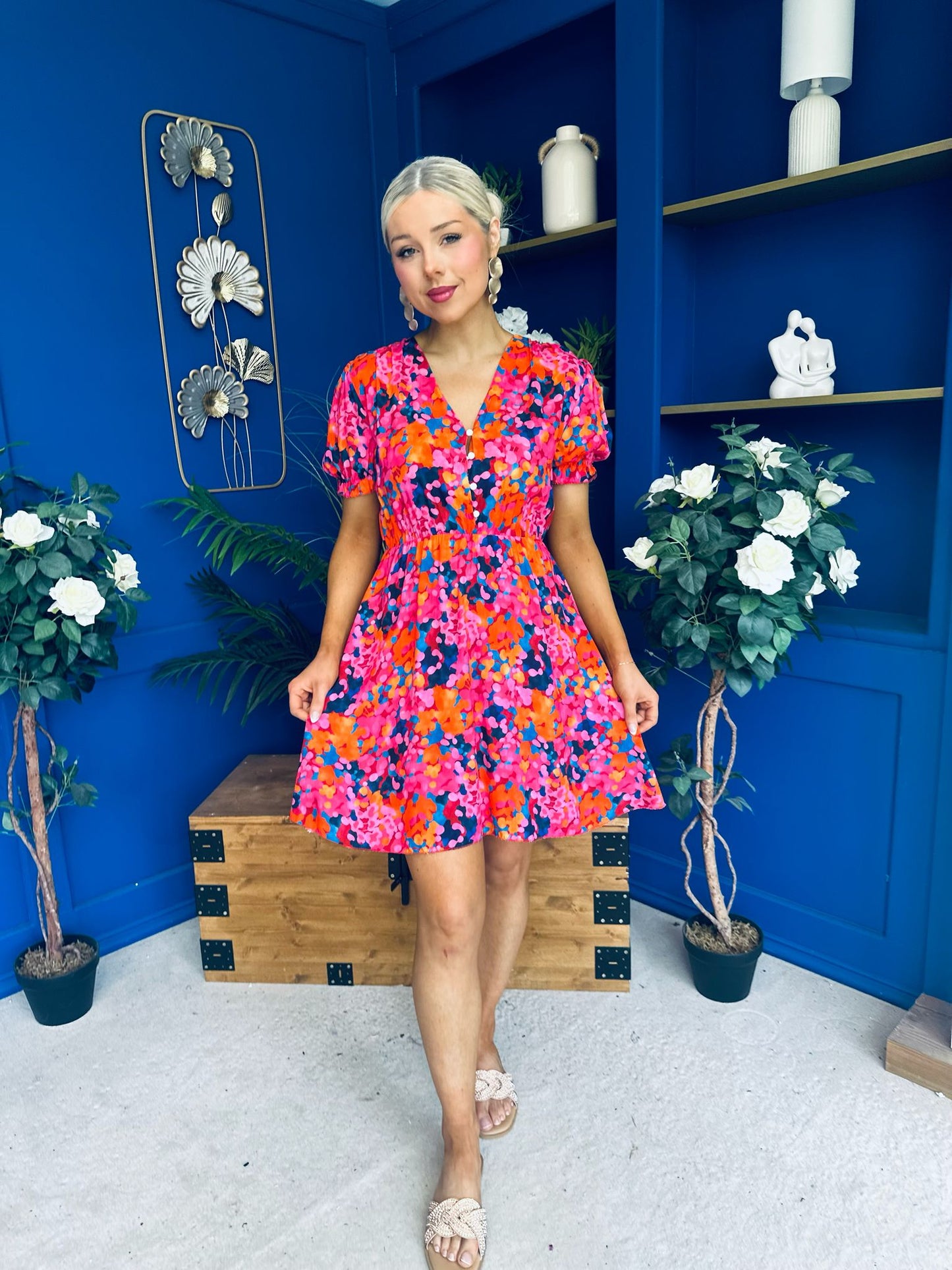 Laura Button Detail Mini Dress Floral Multi