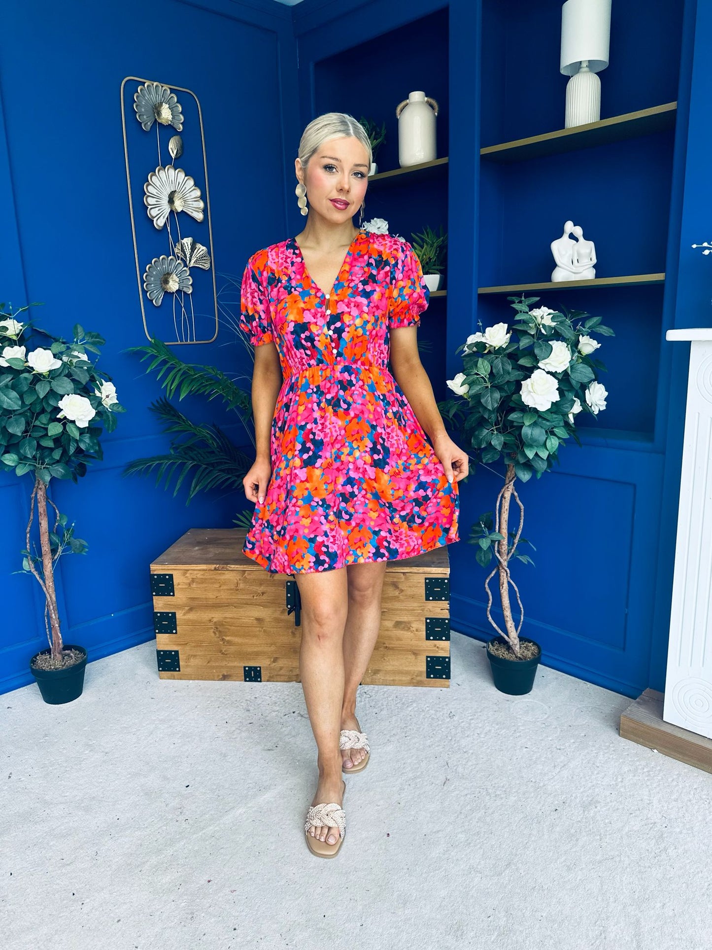 Laura Button Detail Mini Dress Floral Multi