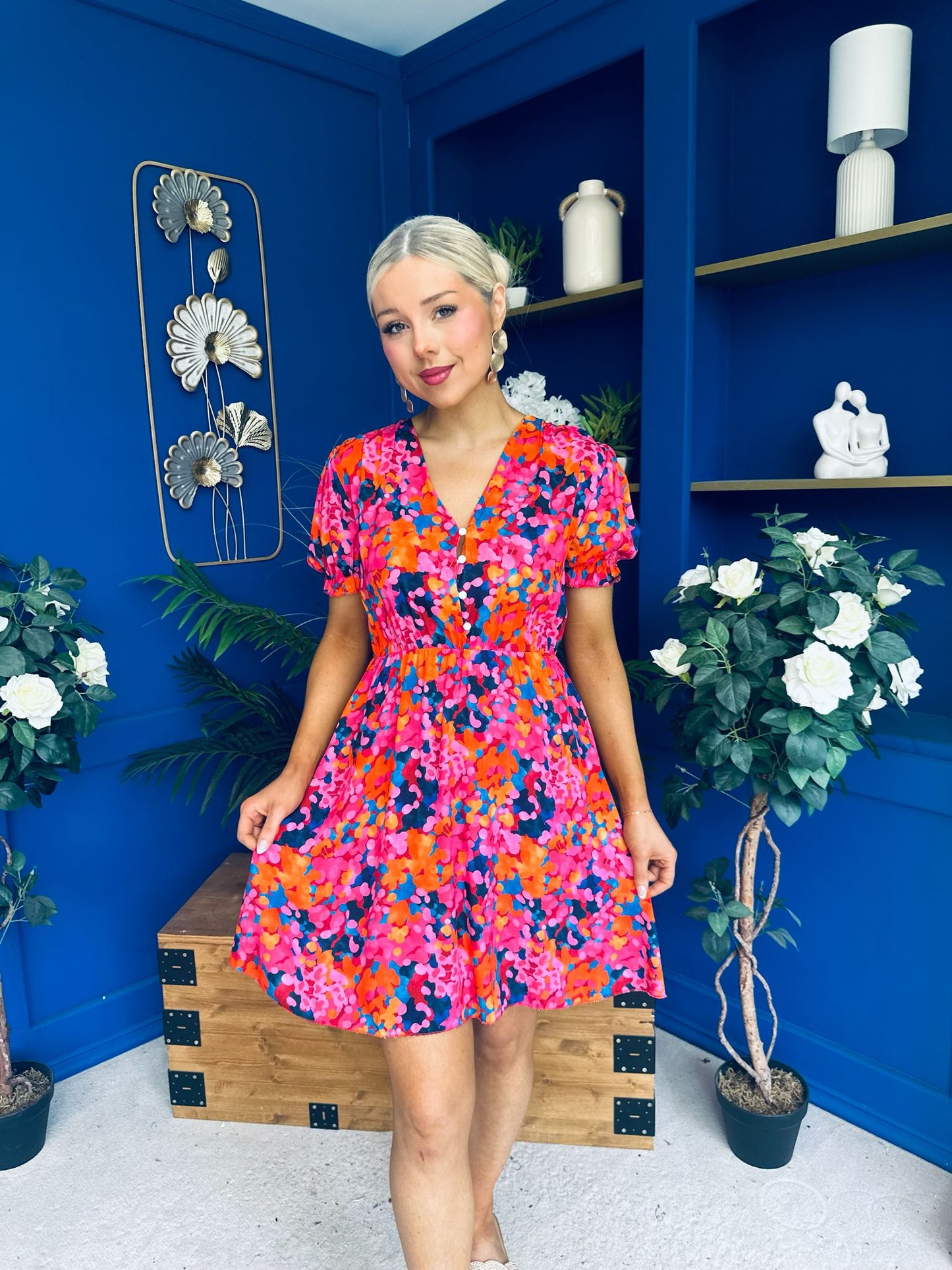 Laura Button Detail Mini Dress Floral Multi