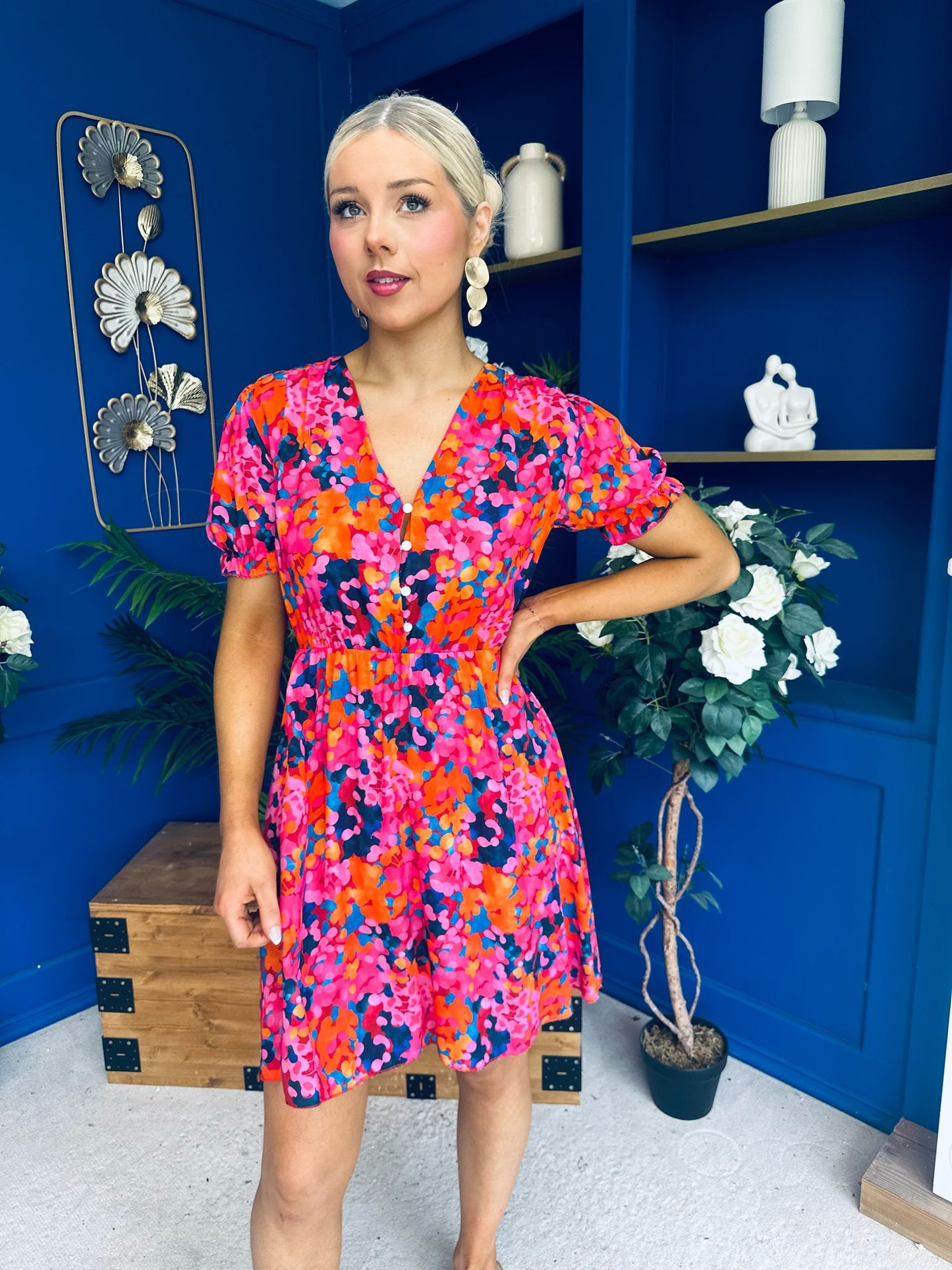 Laura Button Detail Mini Dress Floral Multi