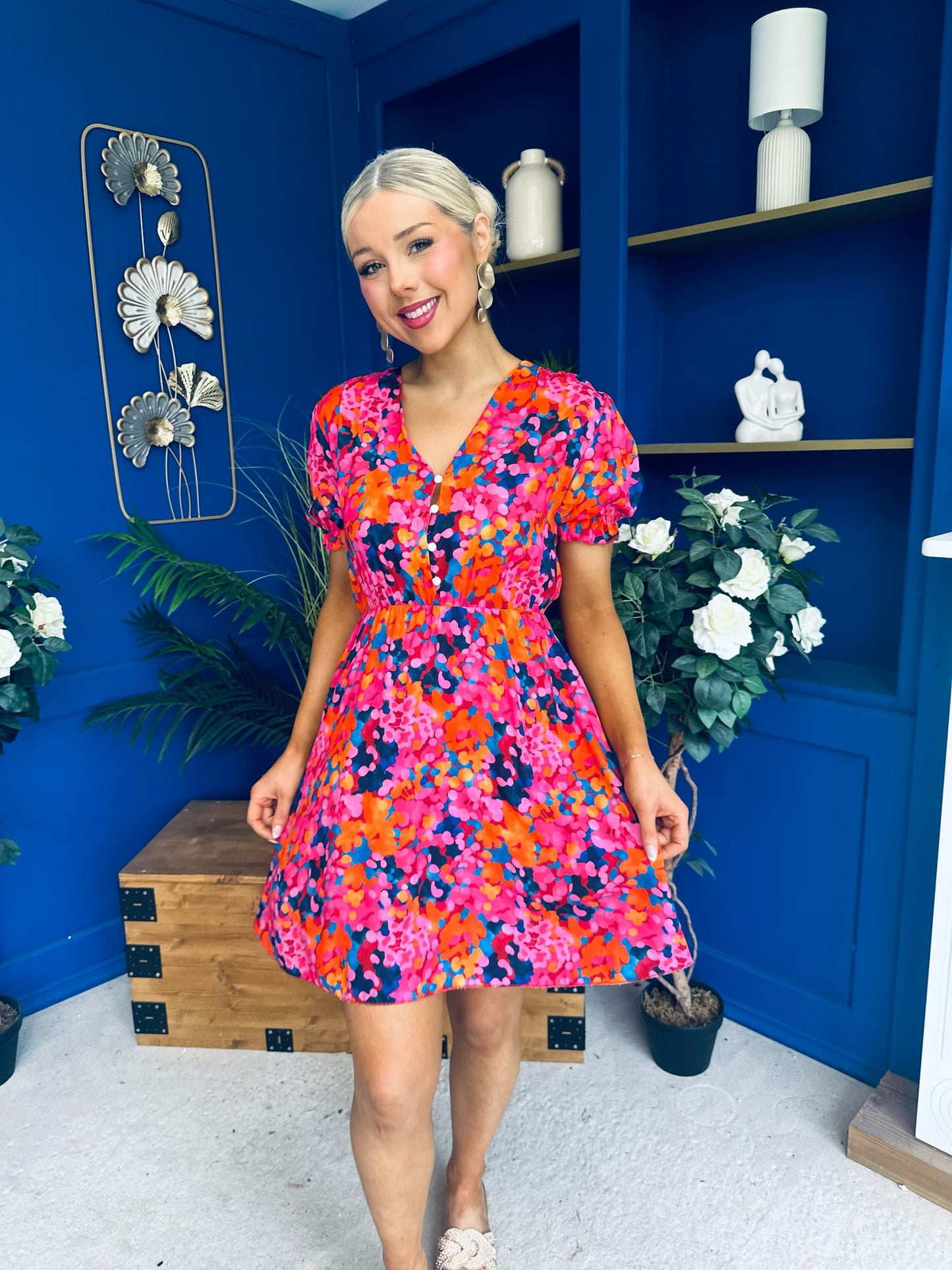 Laura Button Detail Mini Dress Floral Multi